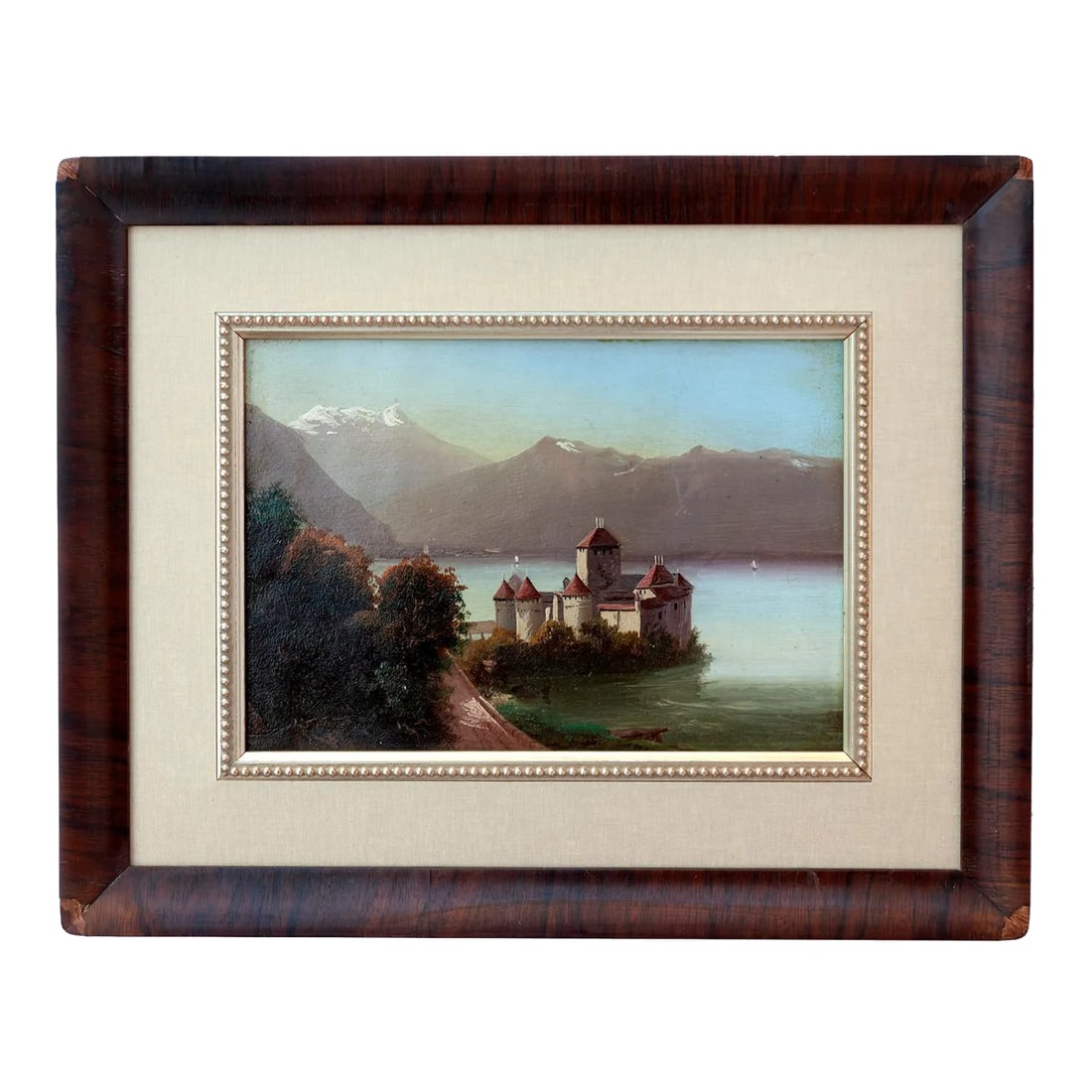 Swiss Painting of the Chateau De Chillon on Lake Geneva: Late 19thC Swiss oil painting of the Chateau de Chillon on Lake Geneva. Condition: Alterations: Restored Imperfections: Some Imperfections Condition Notes: Purchased unframed, the frame has custom fra