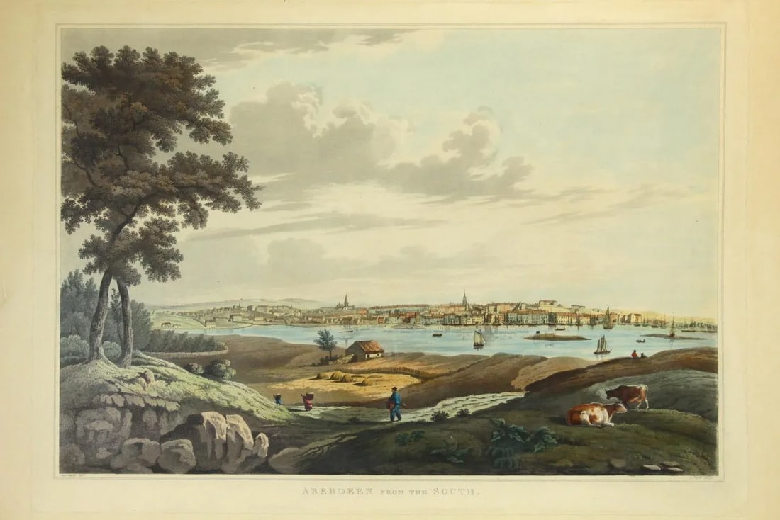 1820's Aberdeen From the South, Panoramic Aquatint, John Clark / George Smith: A RARE and impressive originally hand colored engraving, aka aquatint A historic topographical image of Aberdeen, northeast Scotland Depicts a panoramic view, taken from the South bank of Dee, looking