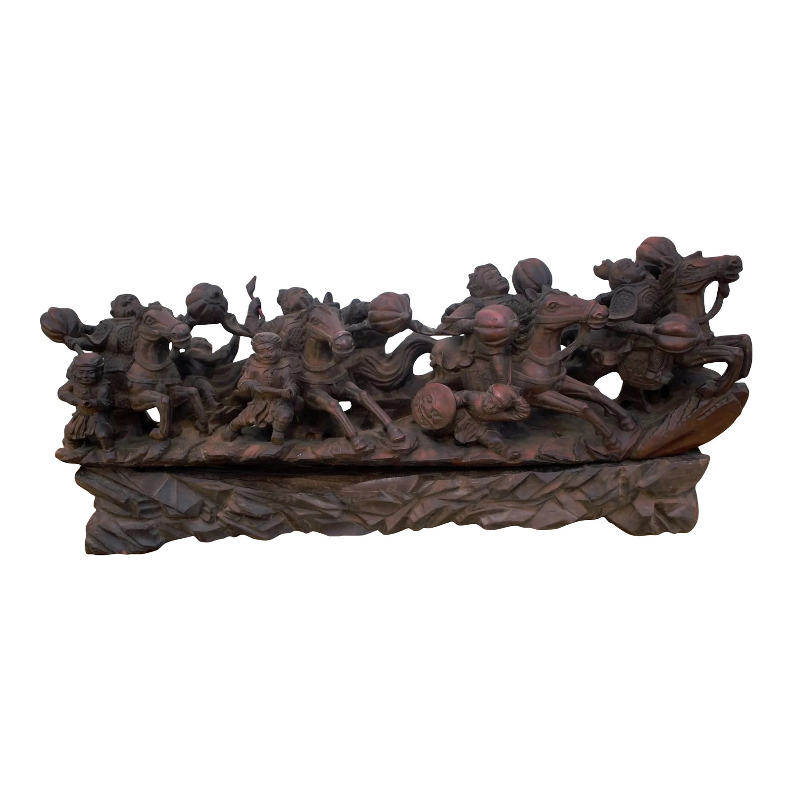 Vintage Carved Statue of Asian Warriors on Wood Base: Vintage Asian Carved Ornate Wood Statue on Base - 2 Piece This carved wood sculpture depicts four men on four horses in the throws of battle. The figures rest on a wooden base. This piece would look b