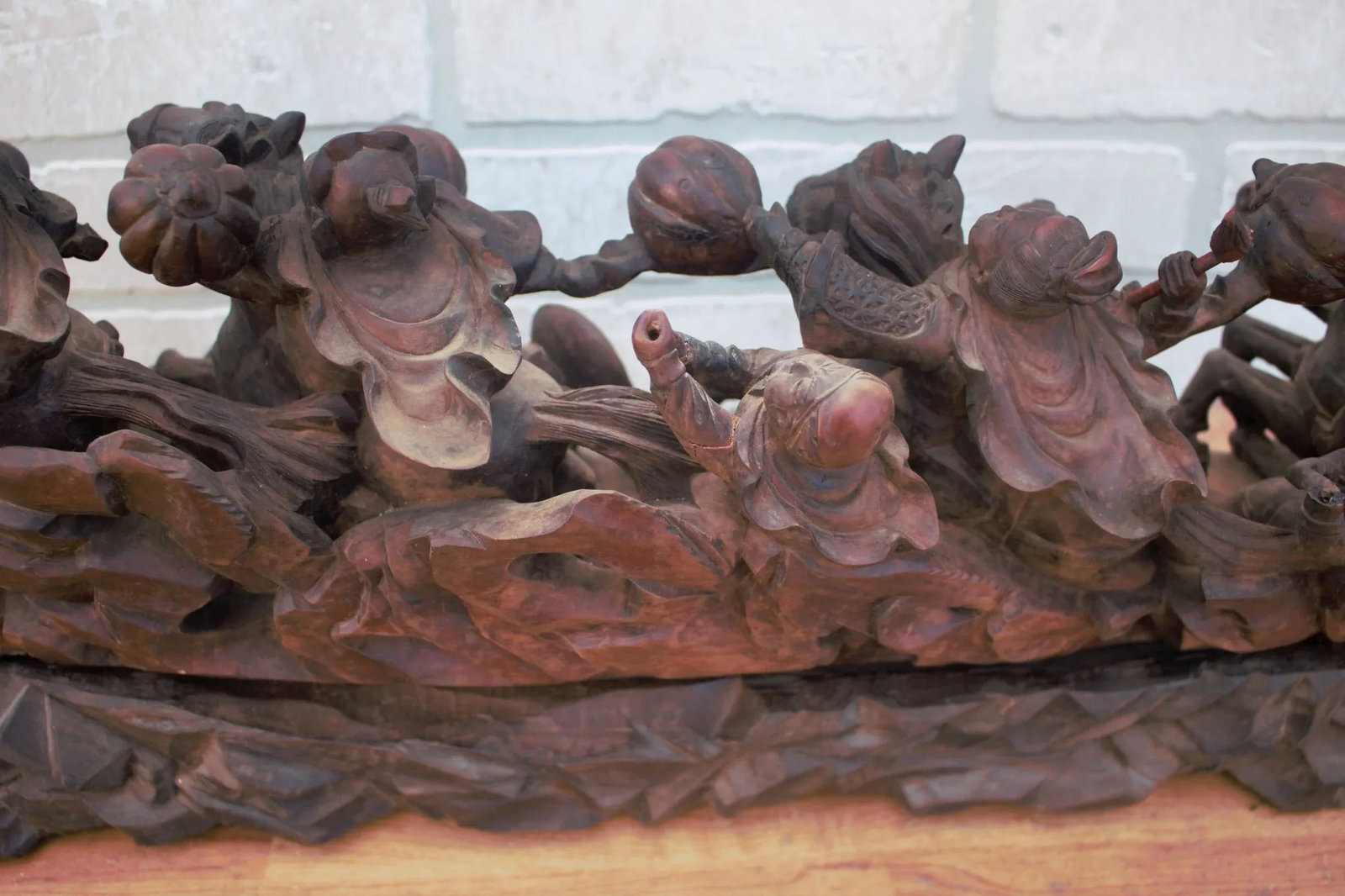 Vintage Carved Statue of Asian Warriors on Wood Base - 2