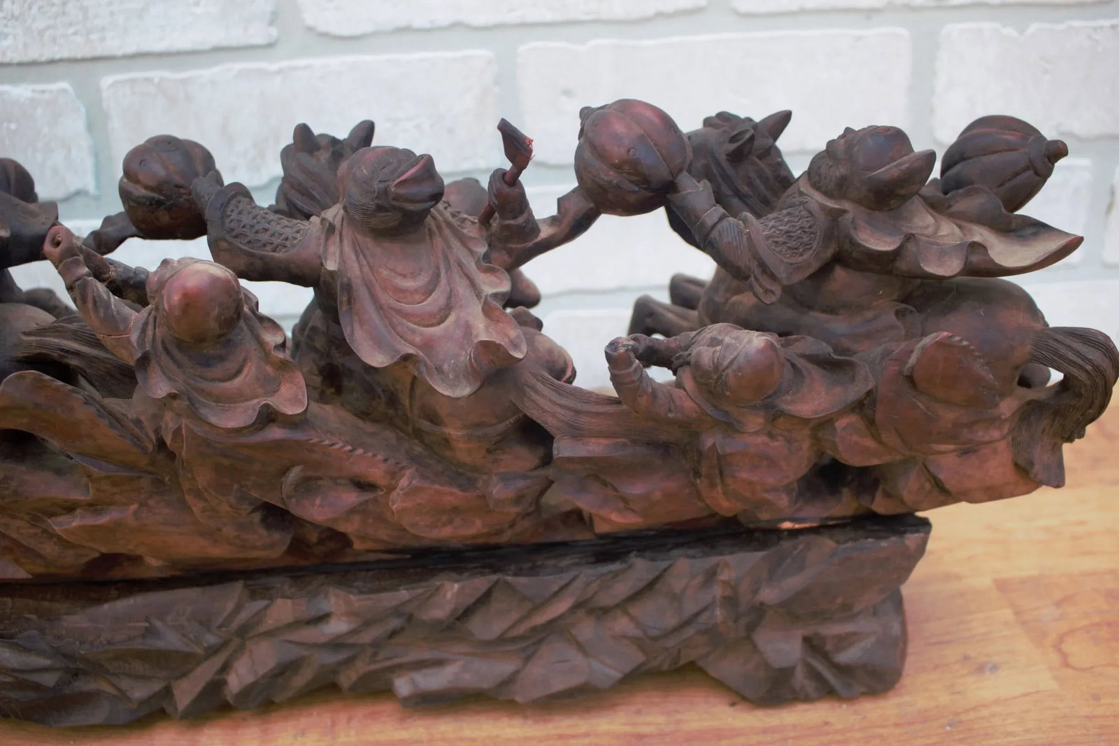 Vintage Carved Statue of Asian Warriors on Wood Base - 3