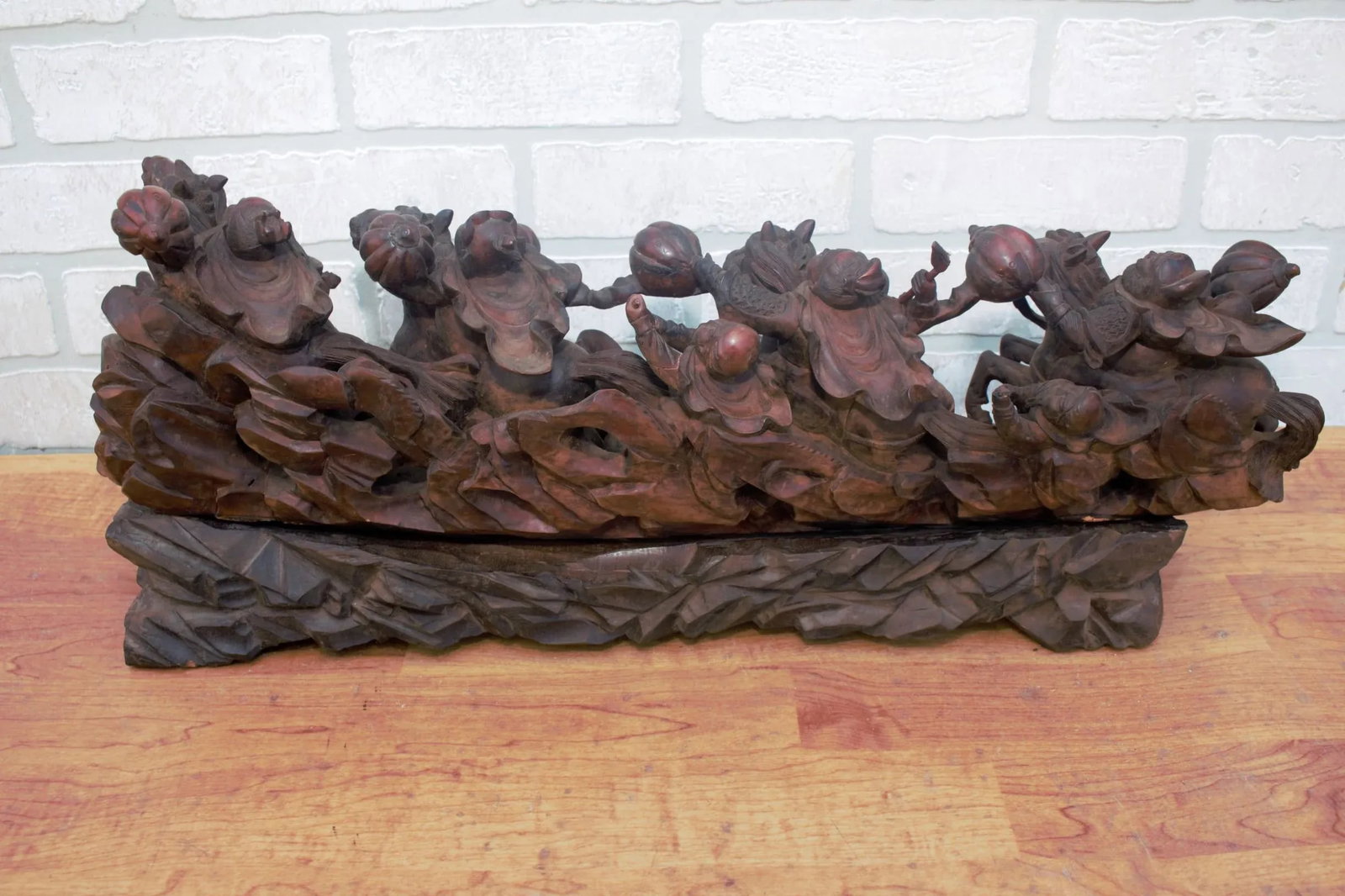 Vintage Carved Statue of Asian Warriors on Wood Base - 4