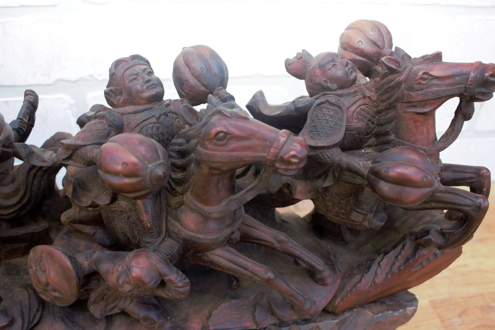 Vintage Carved Statue of Asian Warriors on Wood Base - 6