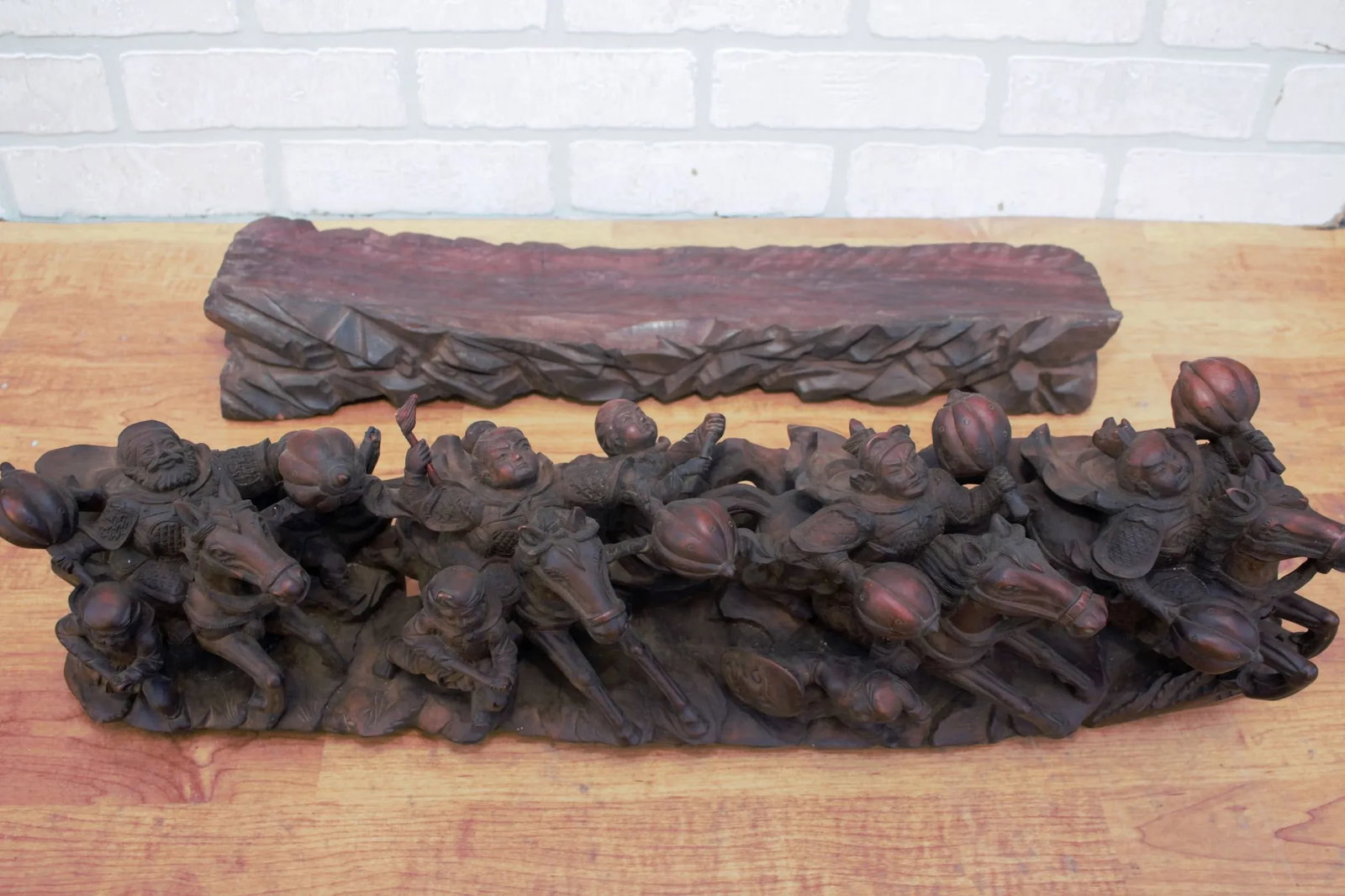 Vintage Carved Statue of Asian Warriors on Wood Base - 7