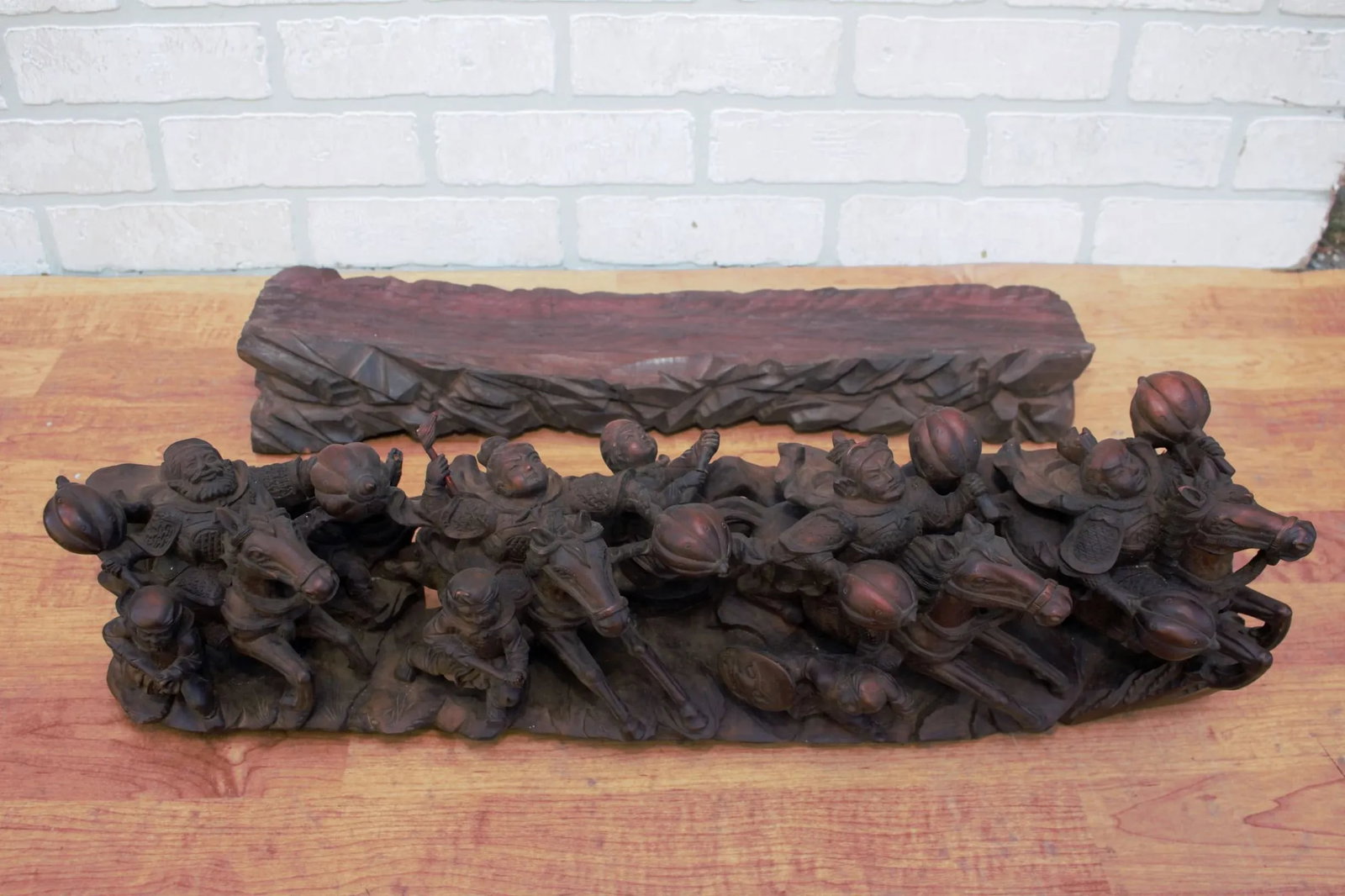 Vintage Carved Statue of Asian Warriors on Wood Base - 8