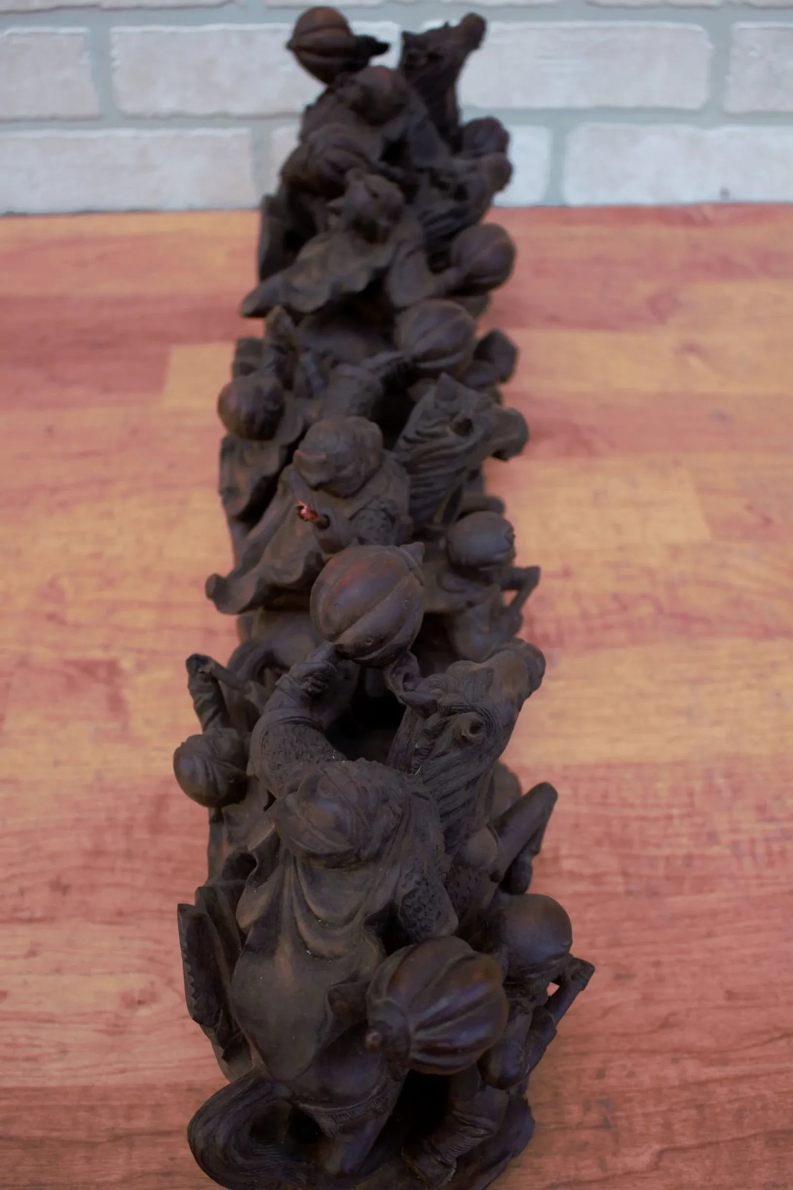 Vintage Carved Statue of Asian Warriors on Wood Base - 9