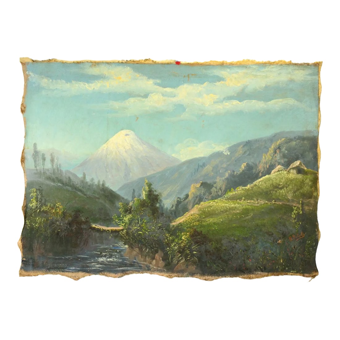 Late 19th Century Rafael Salas Oil Painting on Canvas of an Andean Landscape: An outstanding large South American landscape An extensive vista towards a lush river valley with majestic volcanic picks in the background Two charming little huts "chozas", hardly discernable on
