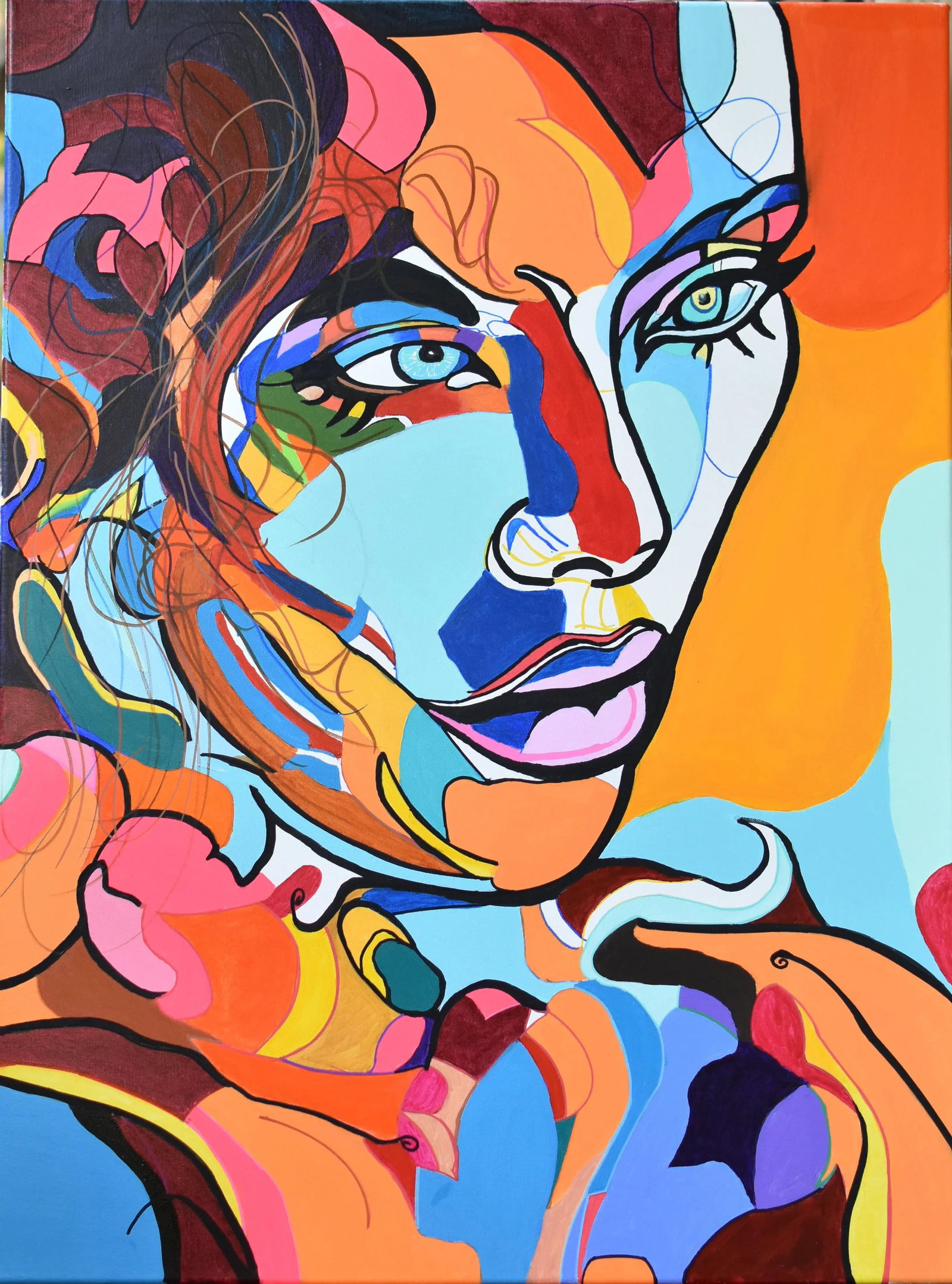 Chromatic Abstract Fauvist Portrait Painting by Percy Rivera: An abstract portrait painting that bursts with bold colors and dynamic forms. The canvas is alive with a riotous interplay of hues that seem to dance and collide. At its core, the painting portrays a