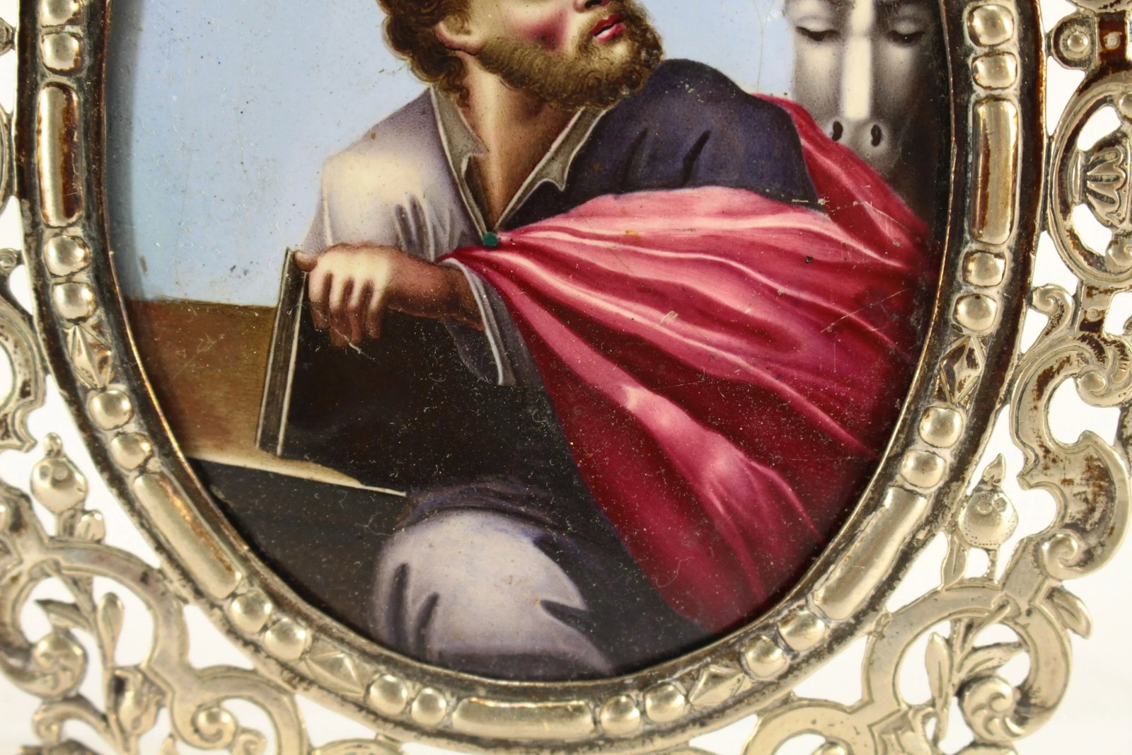 Circa 1746 Enamel Icon Evangelist St. Luke in Ornate French Silver Frame - 6
