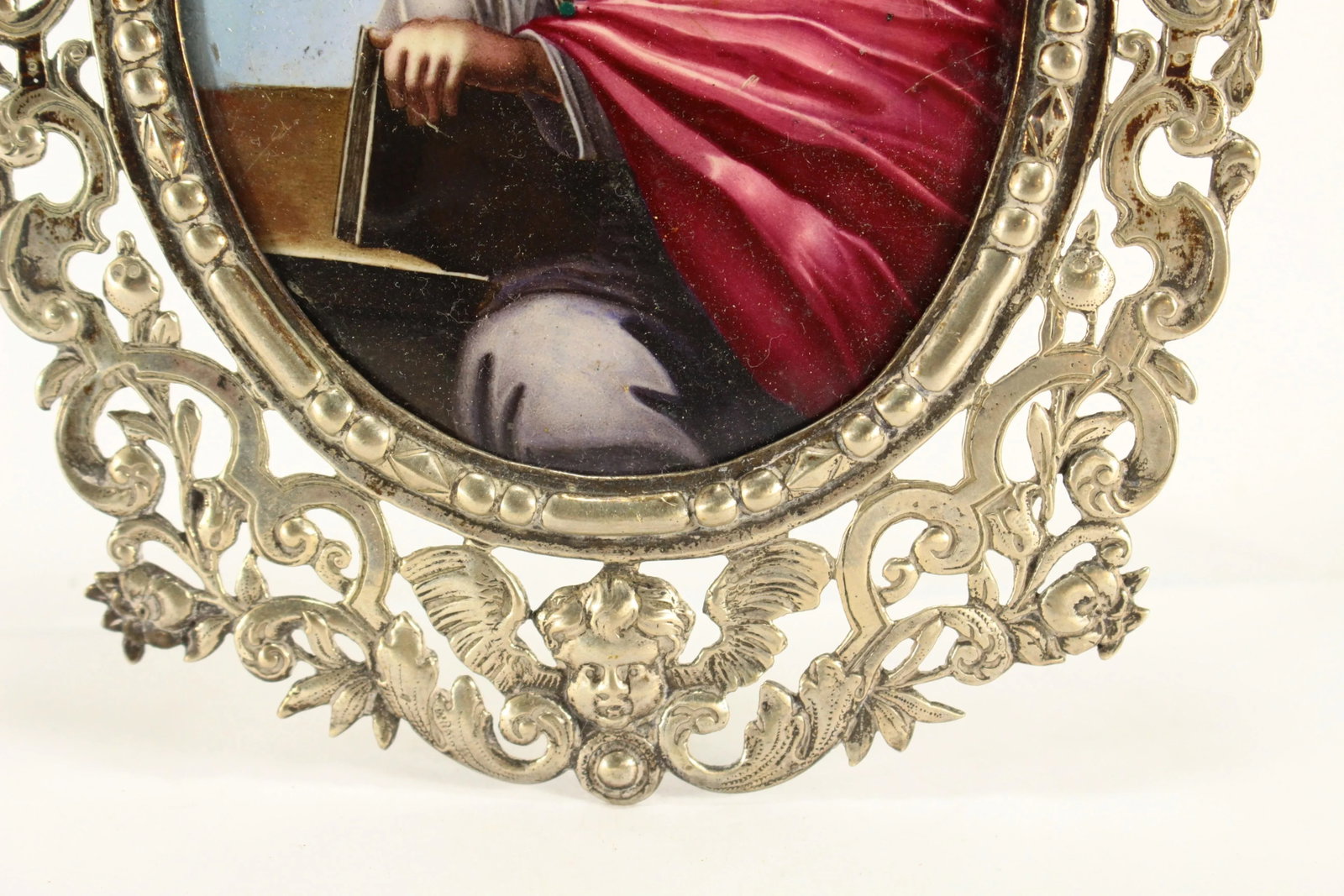 Circa 1746 Enamel Icon Evangelist St. Luke in Ornate French Silver Frame - 7