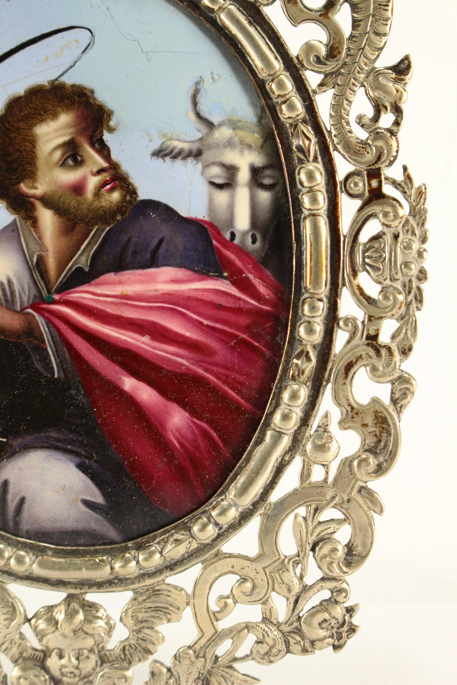 Circa 1746 Enamel Icon Evangelist St. Luke in Ornate French Silver Frame - 8