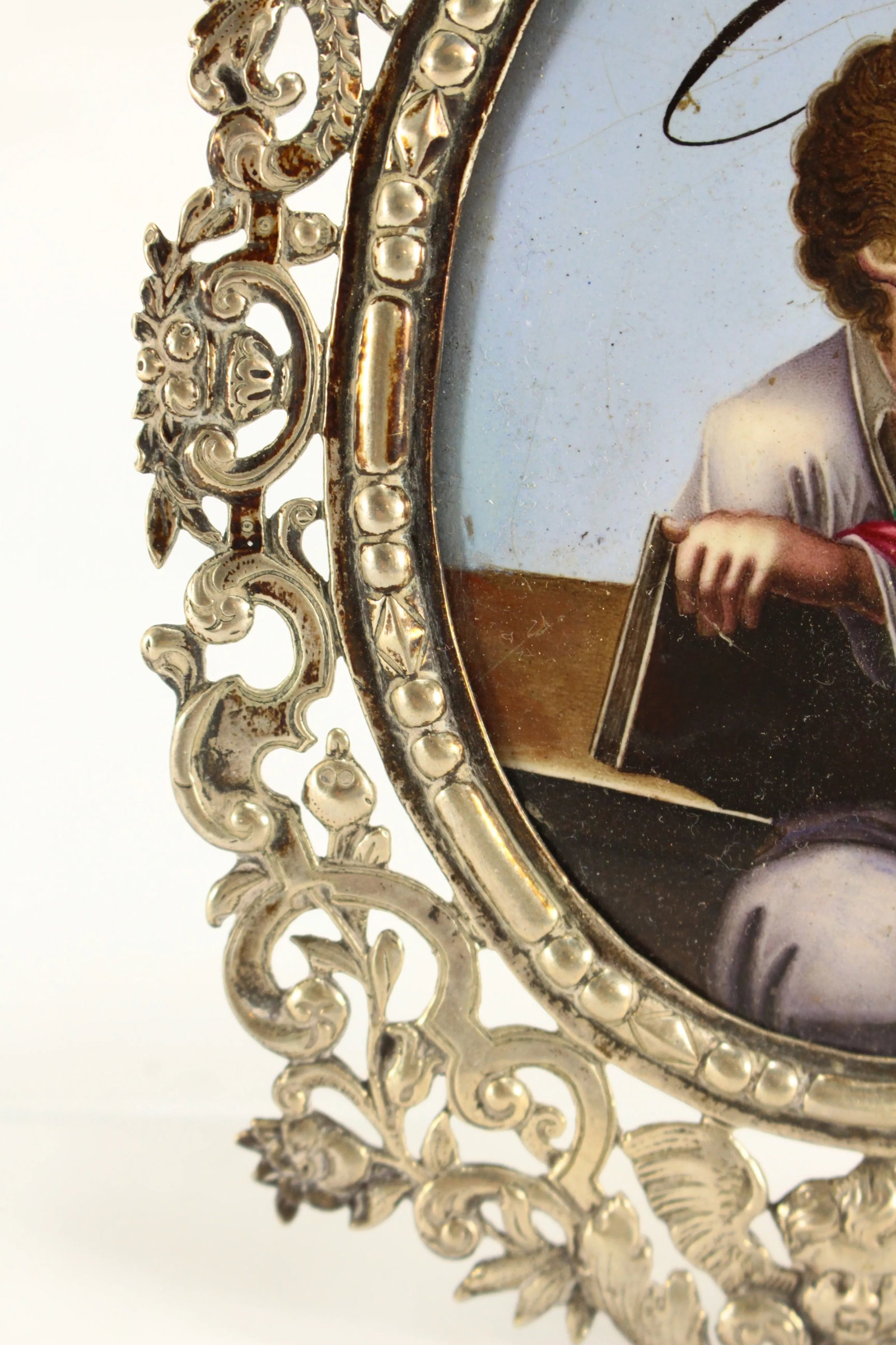 Circa 1746 Enamel Icon Evangelist St. Luke in Ornate French Silver Frame - 9