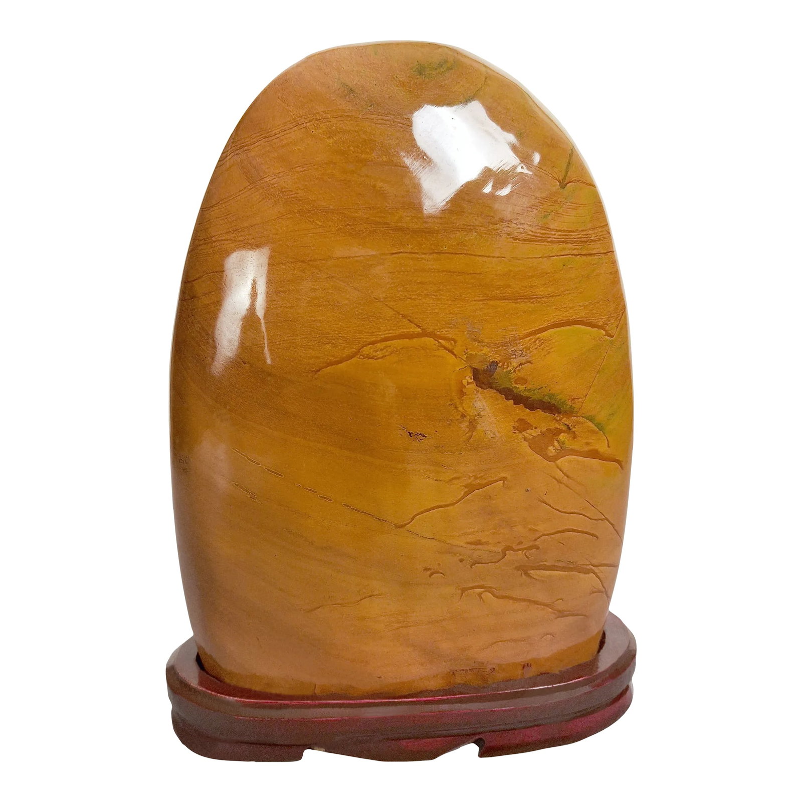 Chinese Riverbank Gongshi: Chinese riverbank gongshi, a polished, umber viewing stone with orange, green, gray and dark umber highlights, with various complex striations evoking a desert landscape. A vertical honorific in tiny