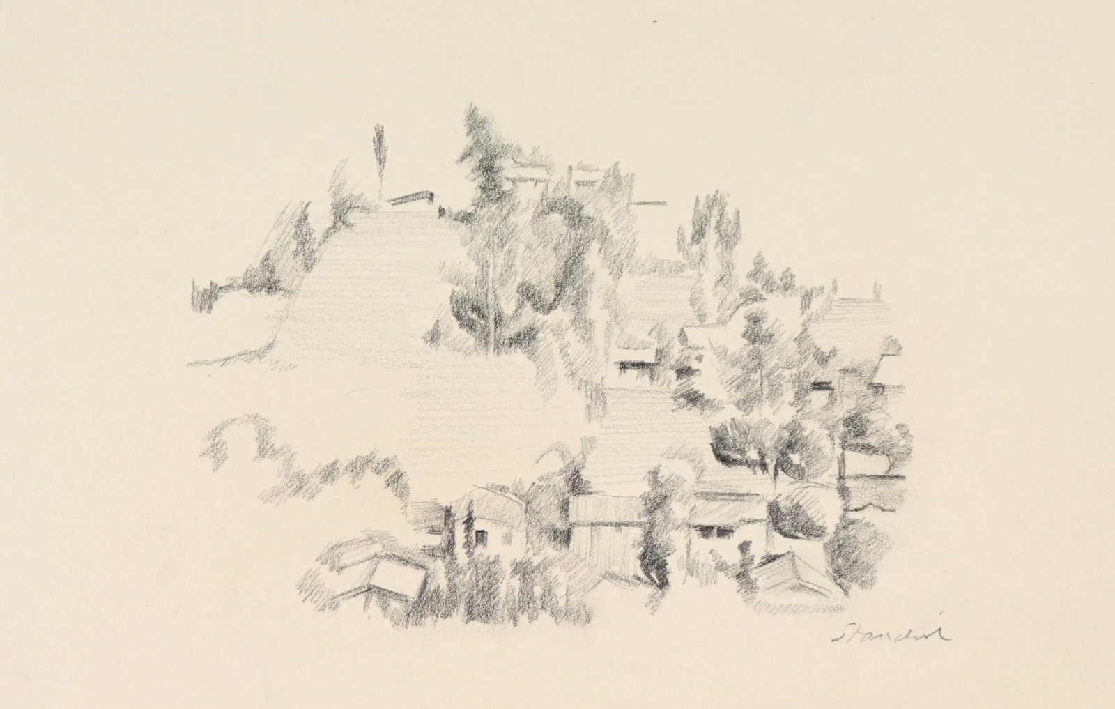 Stylized Hillside Landscape 20th Century Graphite - 2