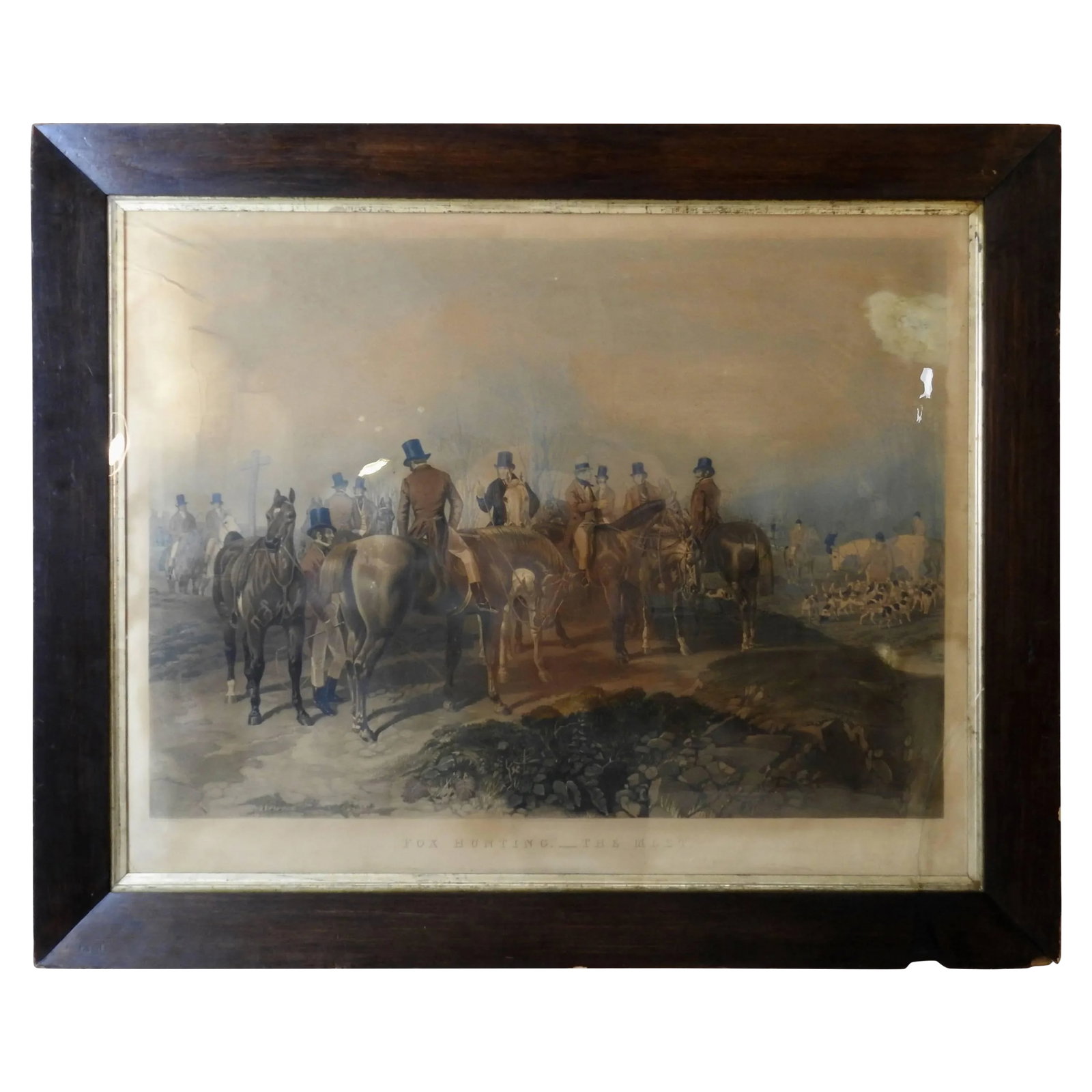 Fox Hunting the Meet Lithograph by Artist J. F. Herring: This is a 19th century lithograph of fox hunting "The Meet". Mounted in a solid walnut frame with gold trim and glazed glass. Created by English artist J. F. Herring 1795-1865. Engraved by T.W. Huffam
