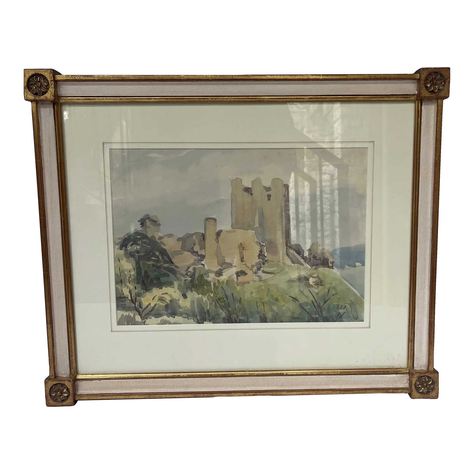 Antique Castle Ruins Watercolor Painting with Rosette Frame: Antique English castle watercolor with French mat design and rosette corner frame Condition: Alterations: Original Condition Unaltered Imperfections: Some Imperfections Condition Notes: Watercolor is