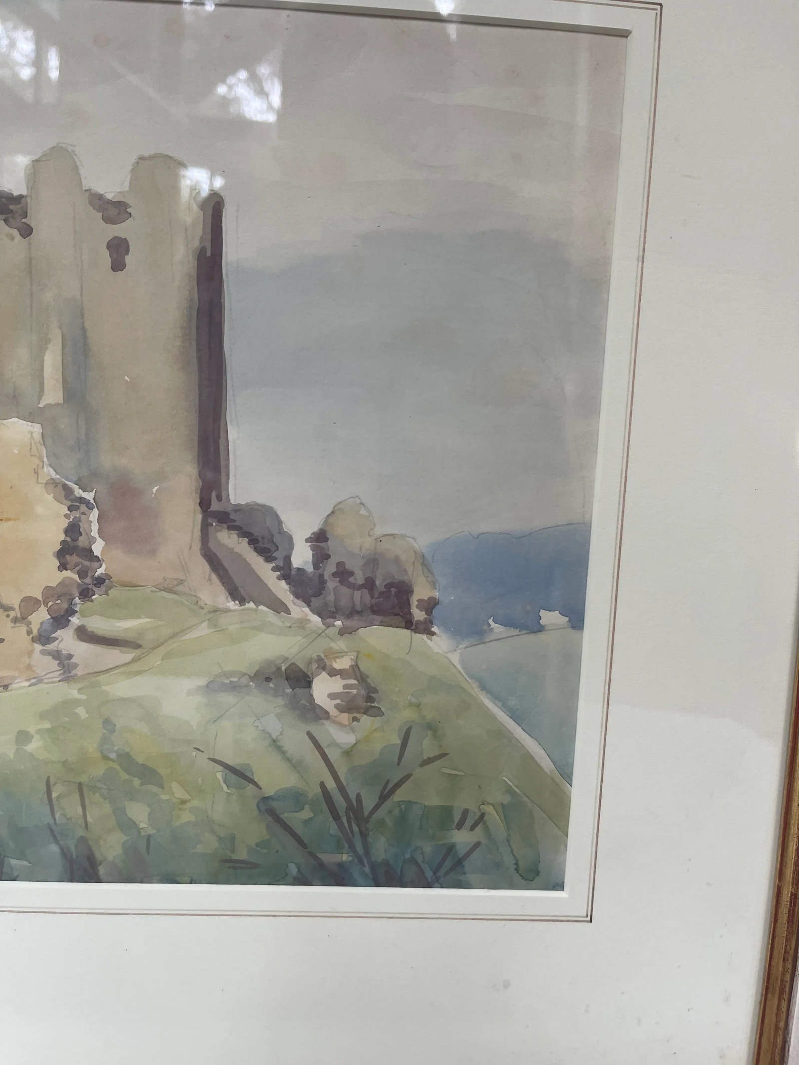 Antique Castle Ruins Watercolor Painting with Rosette Frame - 2