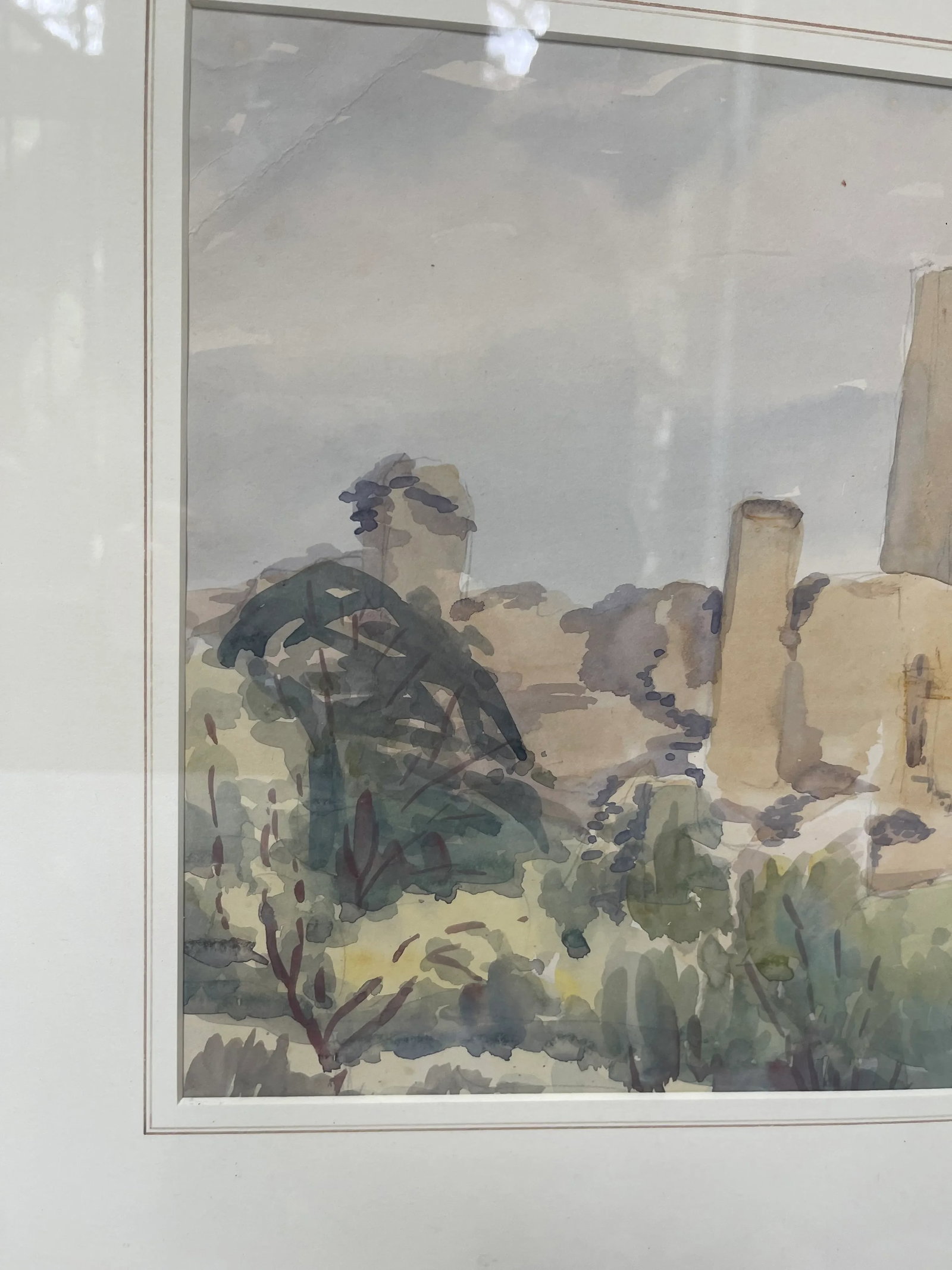Antique Castle Ruins Watercolor Painting with Rosette Frame - 3