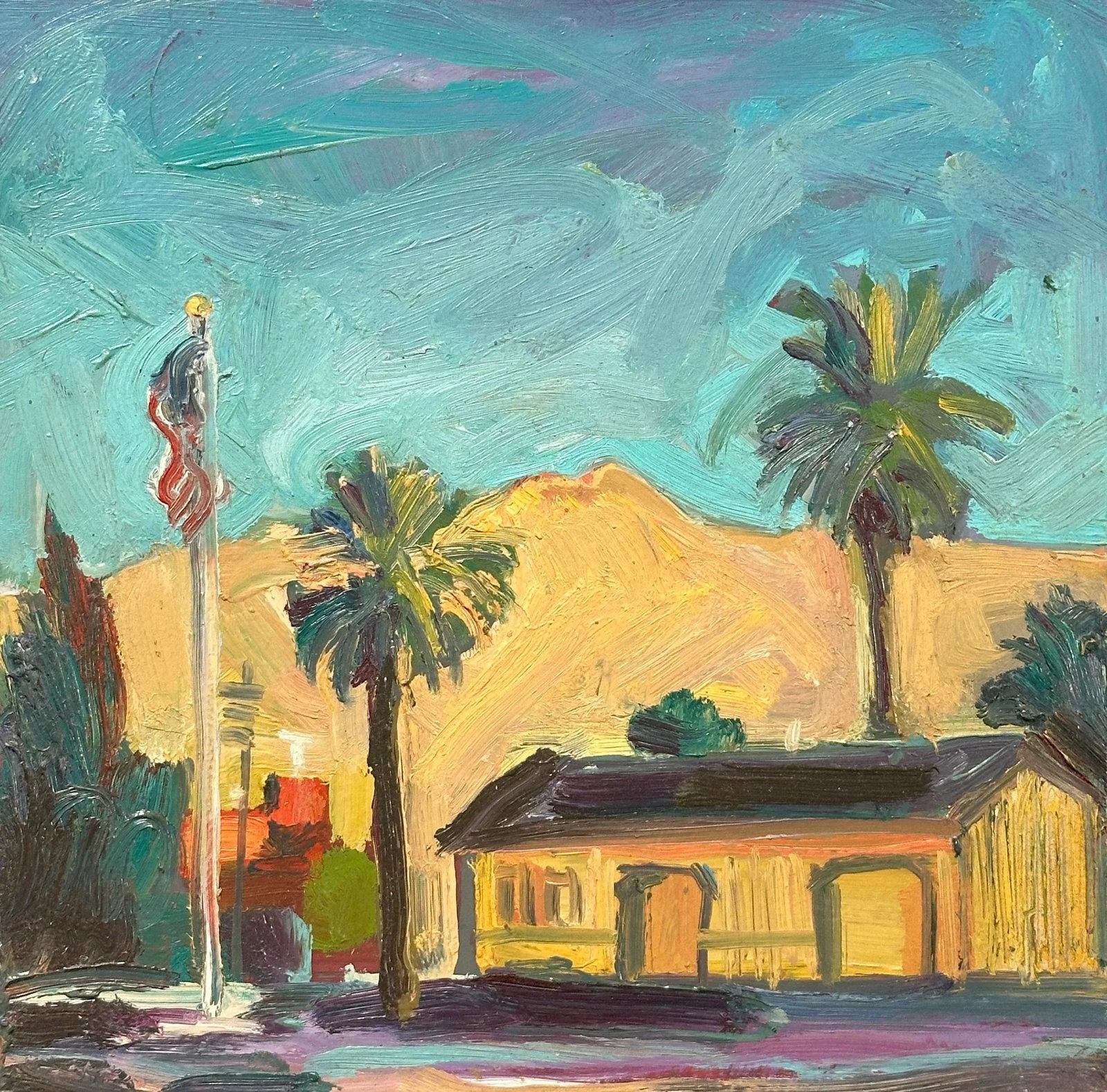 Expressionist Original Oil Landscape Painting by James Hartman: I painted this 12" square Masonite panel in Nikes, California. This old town is where The Great Train Robbery was filmed before Hollywood. Condition: Imperfections: No Imperfections Origin: United
