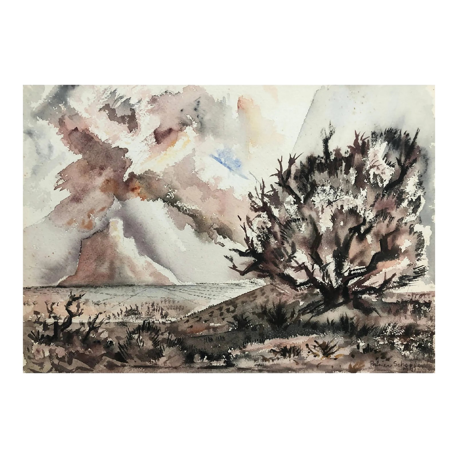1941 Palmer Schoppe Mesa Vista Desert Landscape Watercolor: Palmer Schoppe (1912-2001) "California Landscape," 1941, watercolor on paper laid onto board. Known for his life as a prolific painter, muralist and teacher, Palmer Schoppe was born on a farm near Sal