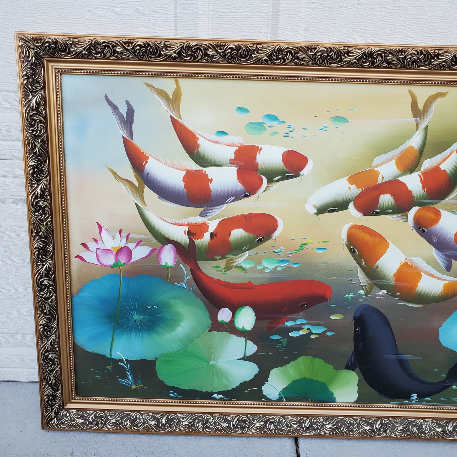 Vintage Koi Fish Painting Framed Oil on Board - 10