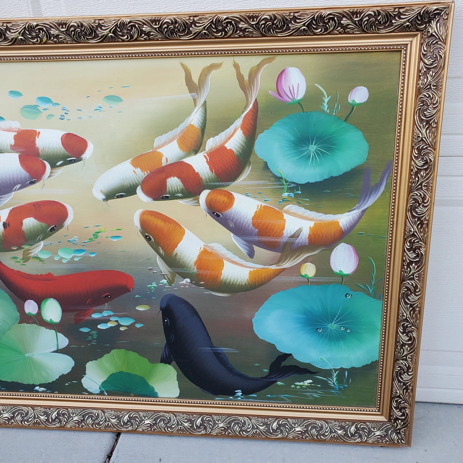 Vintage Koi Fish Painting Framed Oil on Board - 11