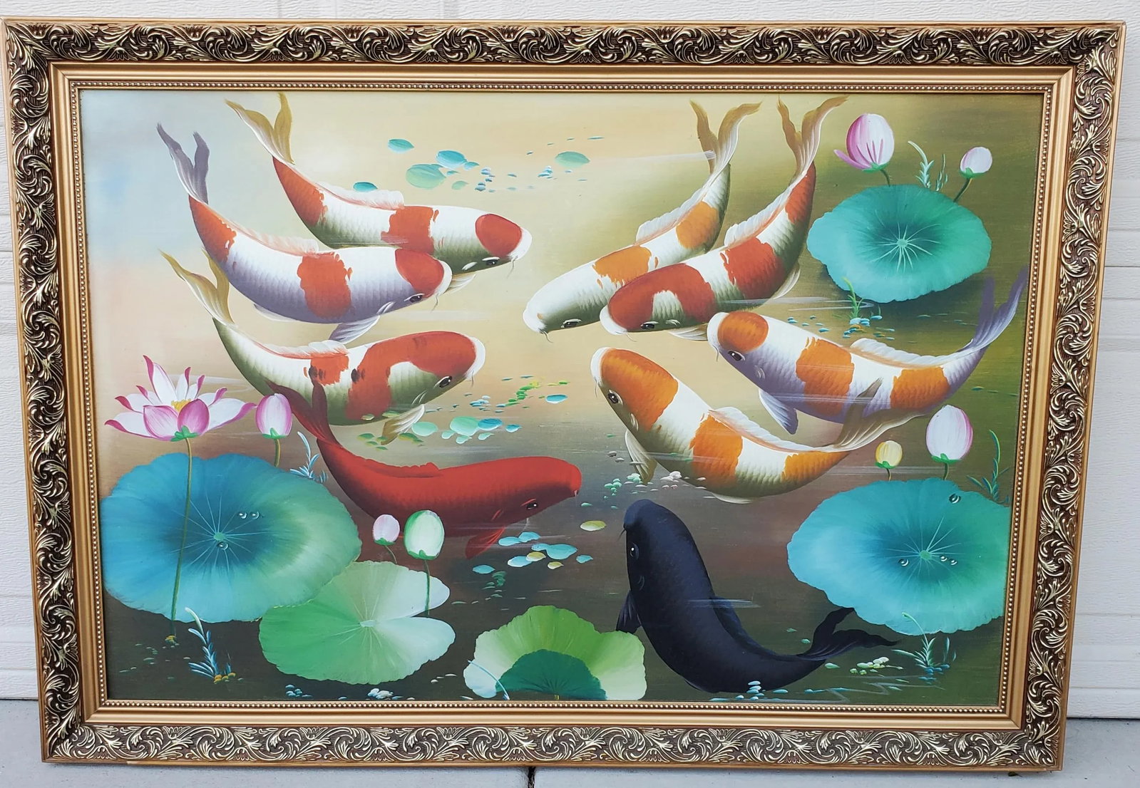 Vintage Koi Fish Painting Framed Oil on Board - 12