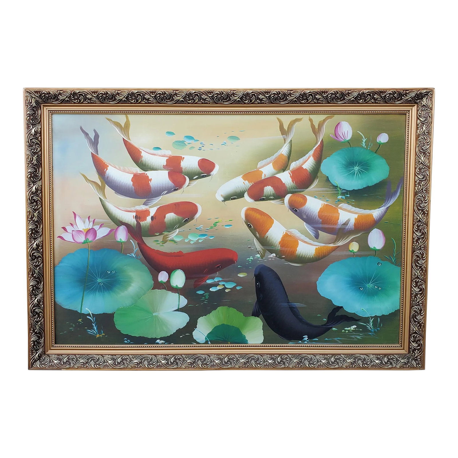 Vintage Koi Fish Painting Framed Oil on Board: Exquisite Original Large colorful Oil Painting on Board School of Koi fish (9) swimming around Lake Pond with Lily pads and Lotus Flowers Measure approximately 36" Width X24" Height with Ornate Gold