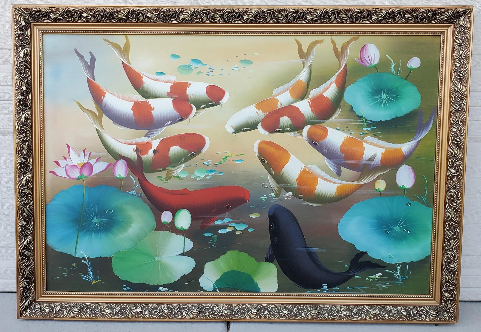 Vintage Koi Fish Painting Framed Oil on Board - 2