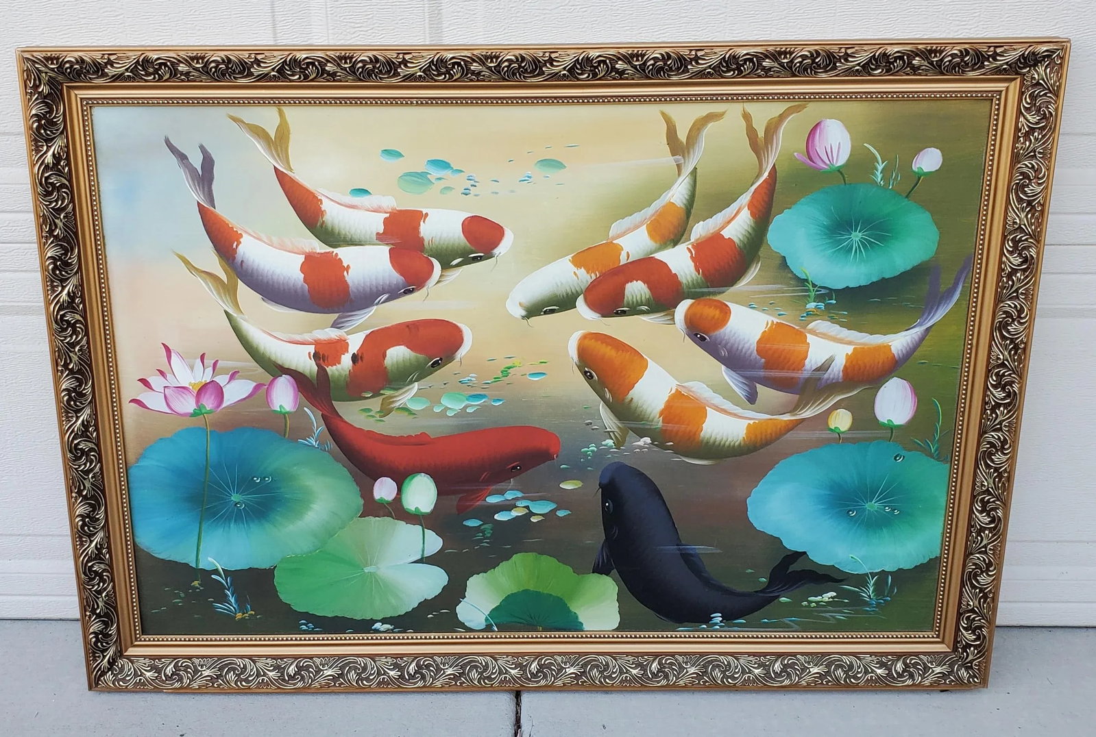 Vintage Koi Fish Painting Framed Oil on Board - 3