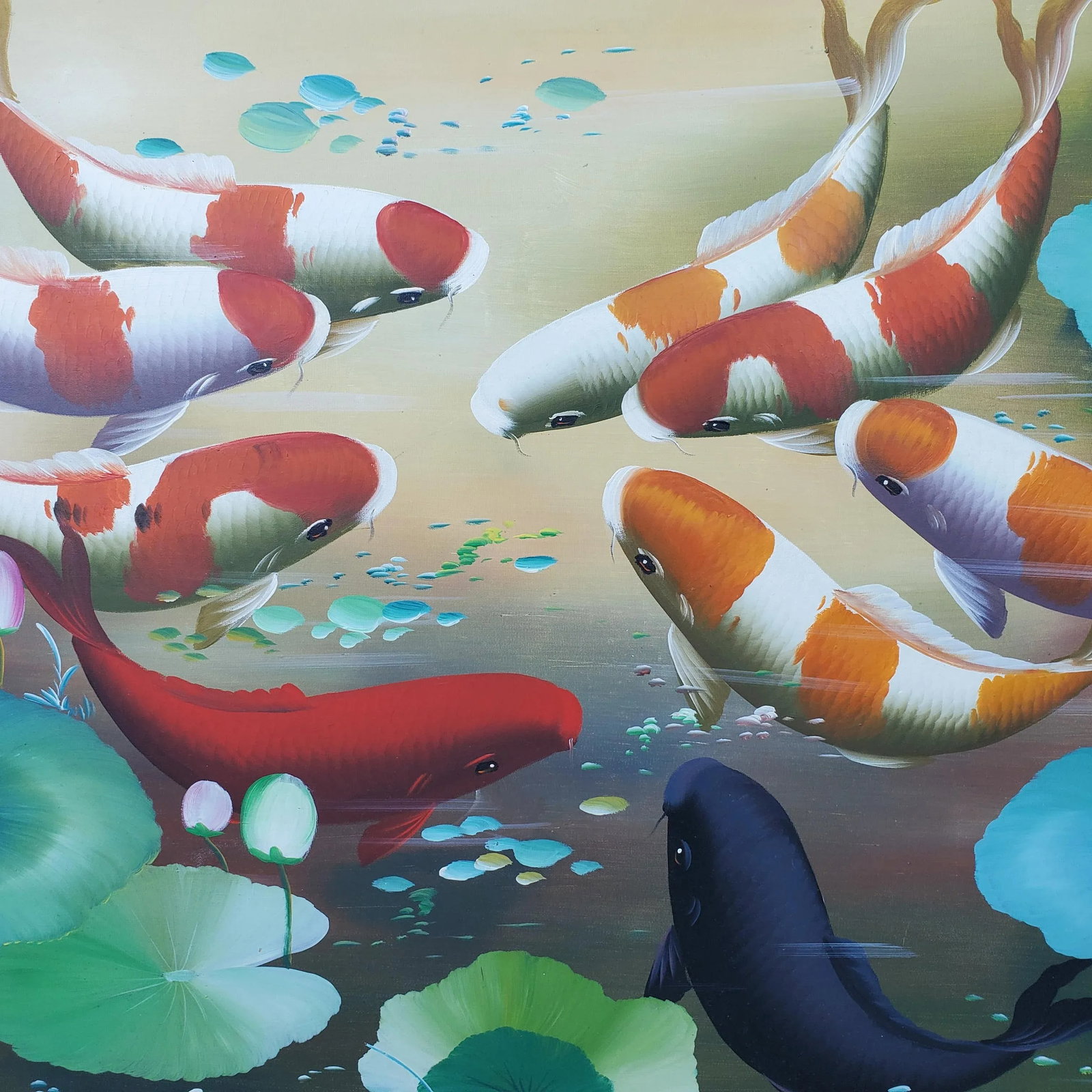 Vintage Koi Fish Painting Framed Oil on Board - 4