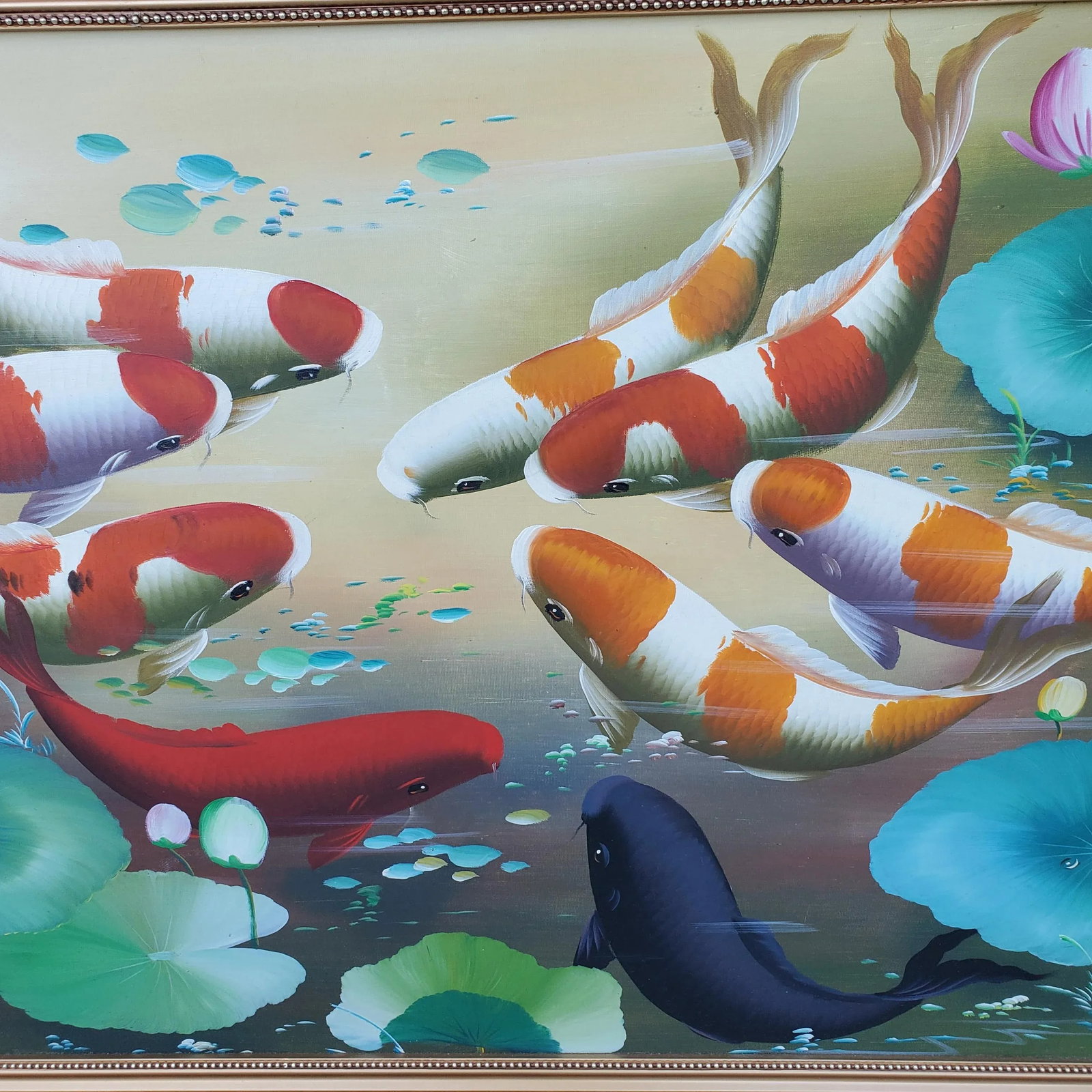 Vintage Koi Fish Painting Framed Oil on Board - 5