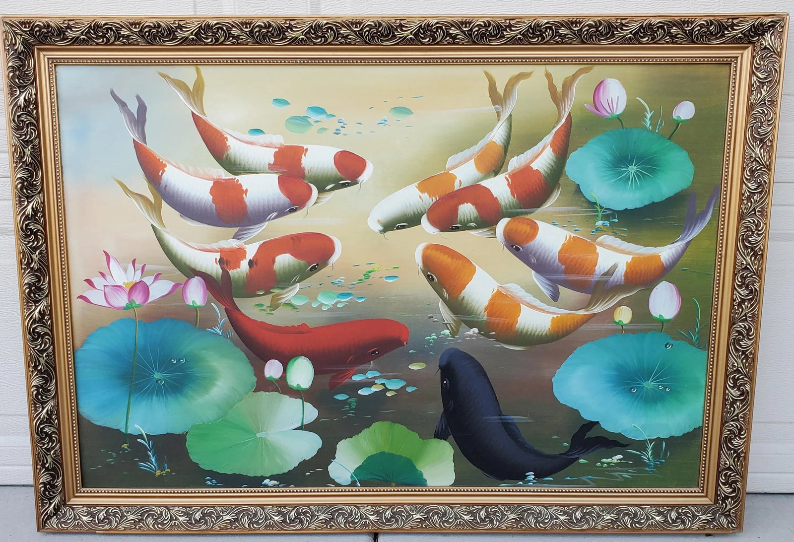 Vintage Koi Fish Painting Framed Oil on Board - 6