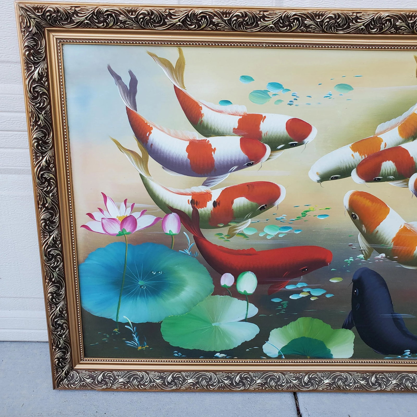 Vintage Koi Fish Painting Framed Oil on Board - 7