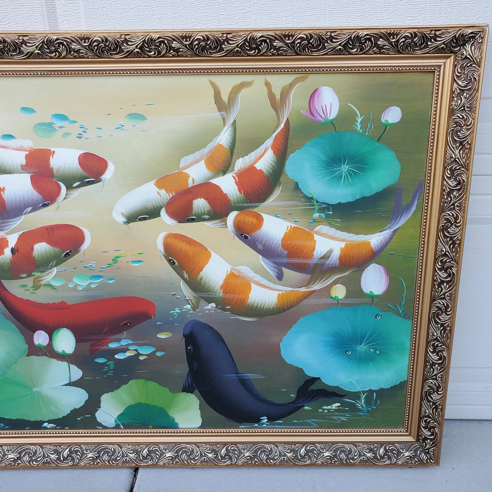 Vintage Koi Fish Painting Framed Oil on Board - 8