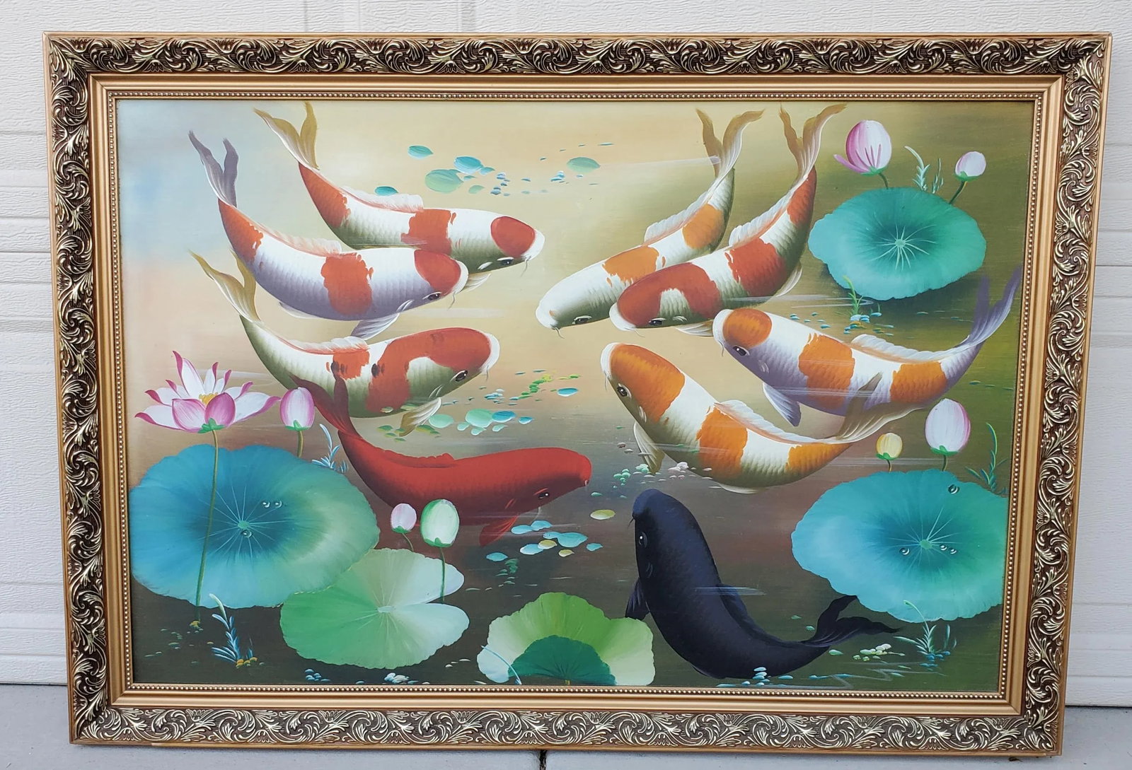 Vintage Koi Fish Painting Framed Oil on Board - 9