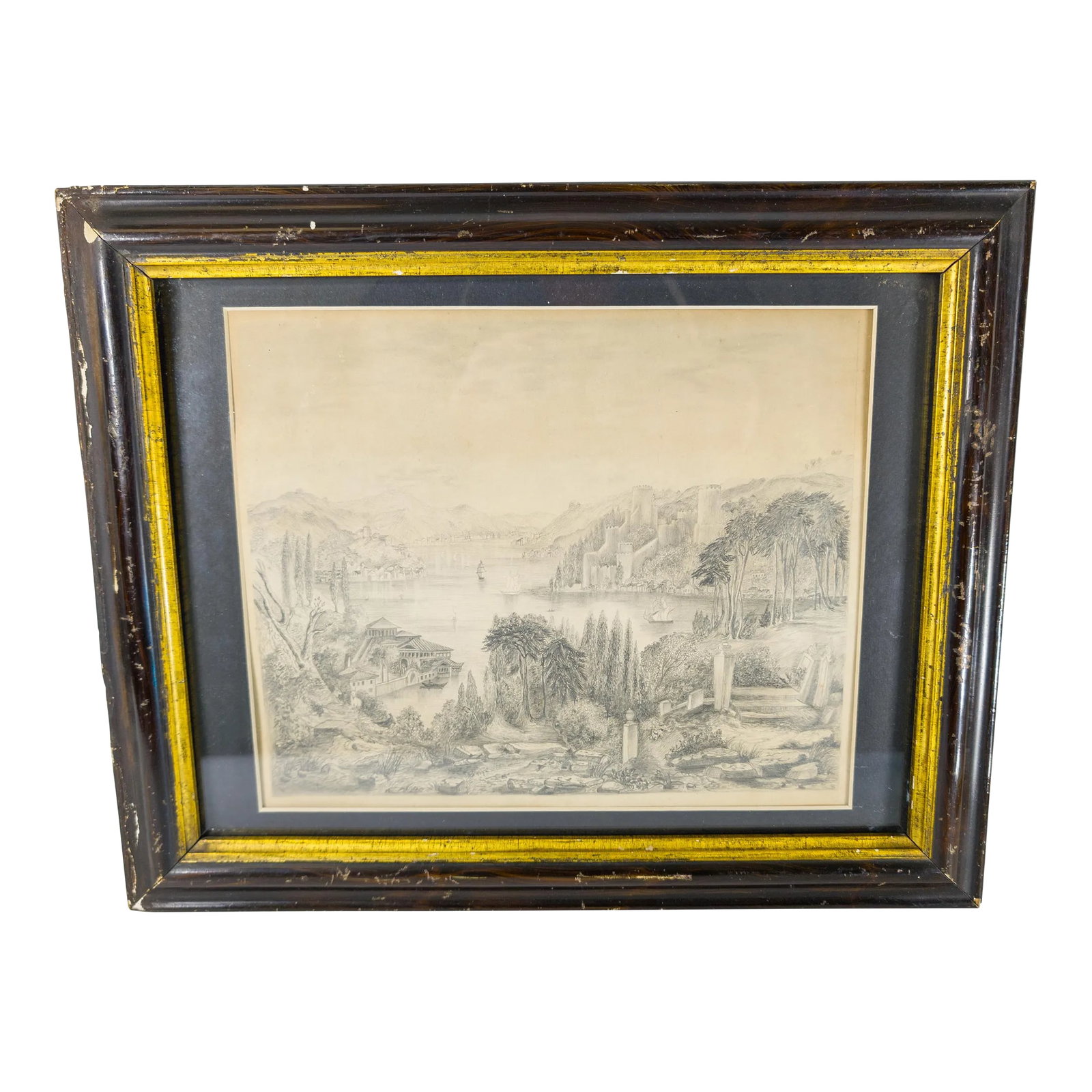 19th Century Pencil Drawing of a Fantasy Landscape Unsigned: We are selling this great and very detailed 19th century pencil drawing. This painting quality drawing is probably a fantasy scene, it is very European looking but very much could also be by an early