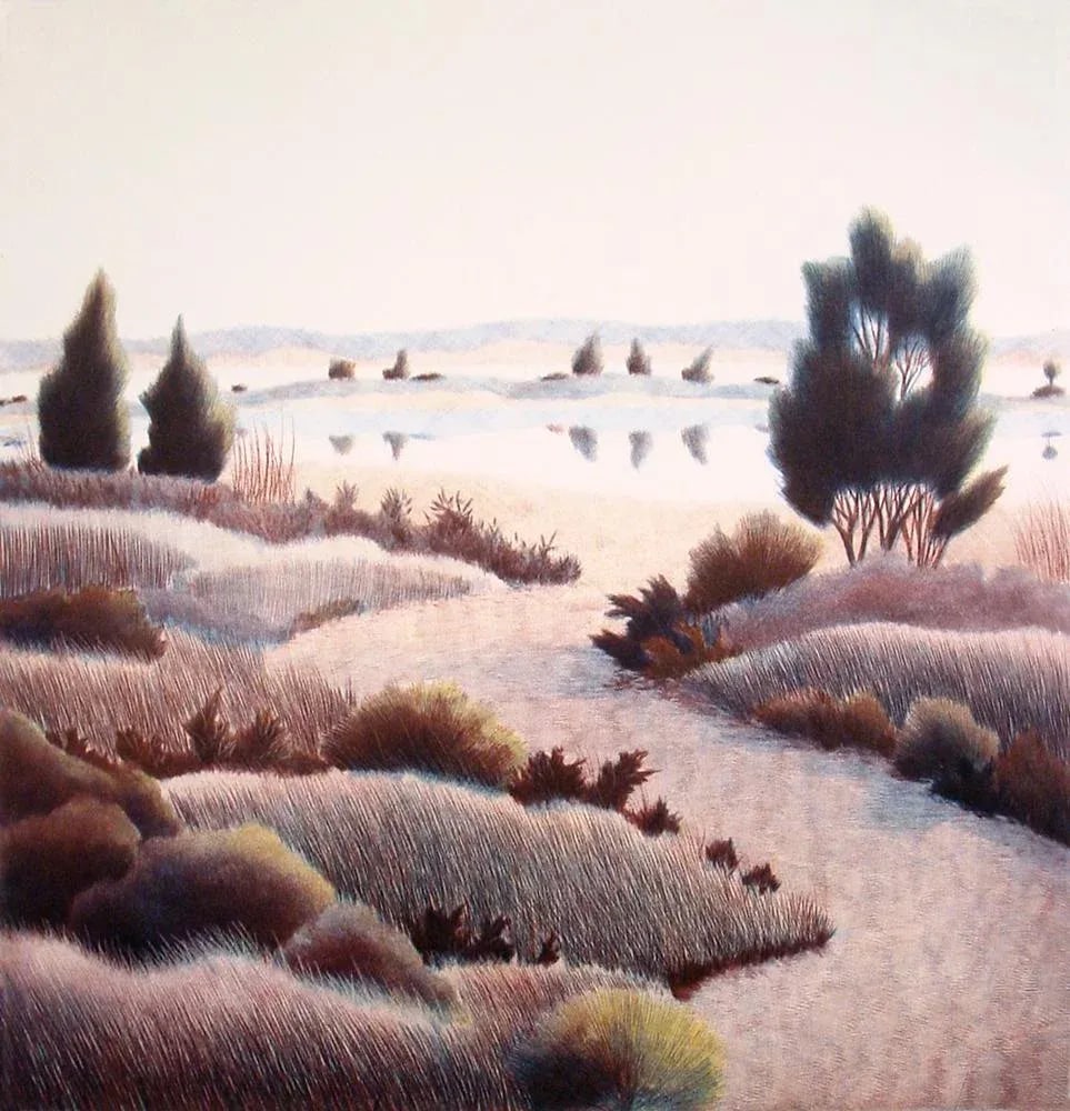 Early Evening Landscape Etching: Color Etching of Landscape by Nicolette Jelen Image Size: 18 x 17 in (45.72 x 43.18 cm) PaperSize : 30 x 22.5 in (76.2 x 57.15 cm) Edition. AP IX/XV Nicolette Jelen is best known for her aquatint and 