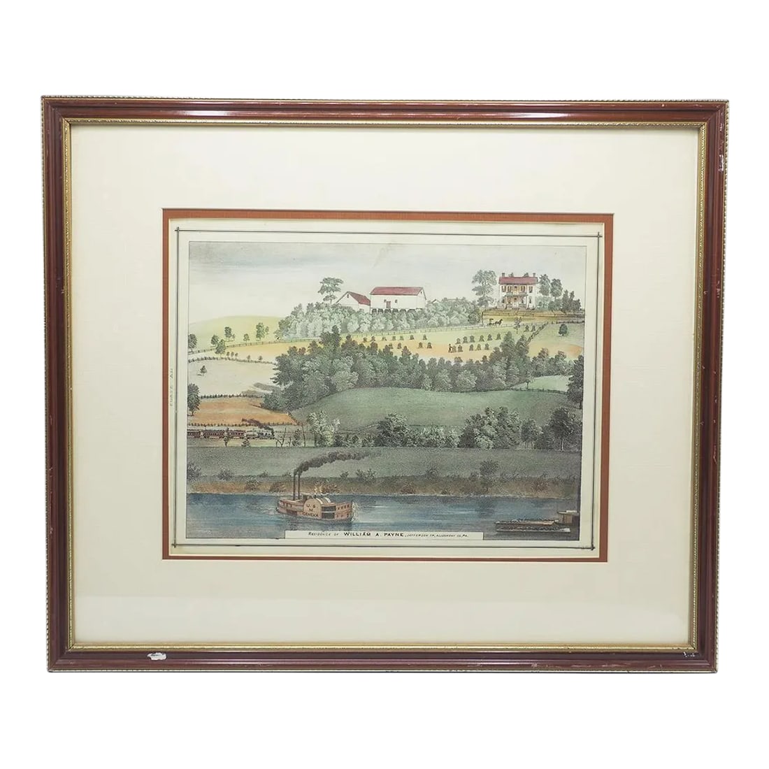 Aquatint Lithograph William Payne Homestead Monongahela River Near Pittsburgh: This beautiful aquatint lithograph by William Payne features a stunning landscape of the Monongahela River near Pittsburgh. The print measures 17 inches in height and 20 inches in length, and is frame