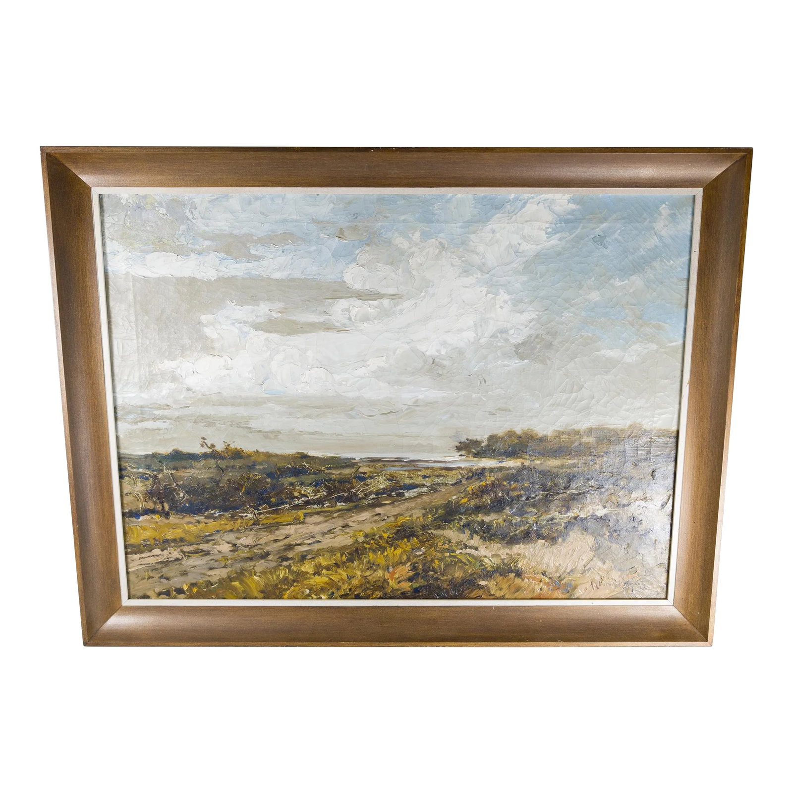 Early 20th Century English or American Coastal Dune Impressionist Landscape Painting: We are selling this attractive English or American school Landscape painting. This impressionist landscape of a dune scene with a beach and wild cloudy sky is very competently painted. It is signed