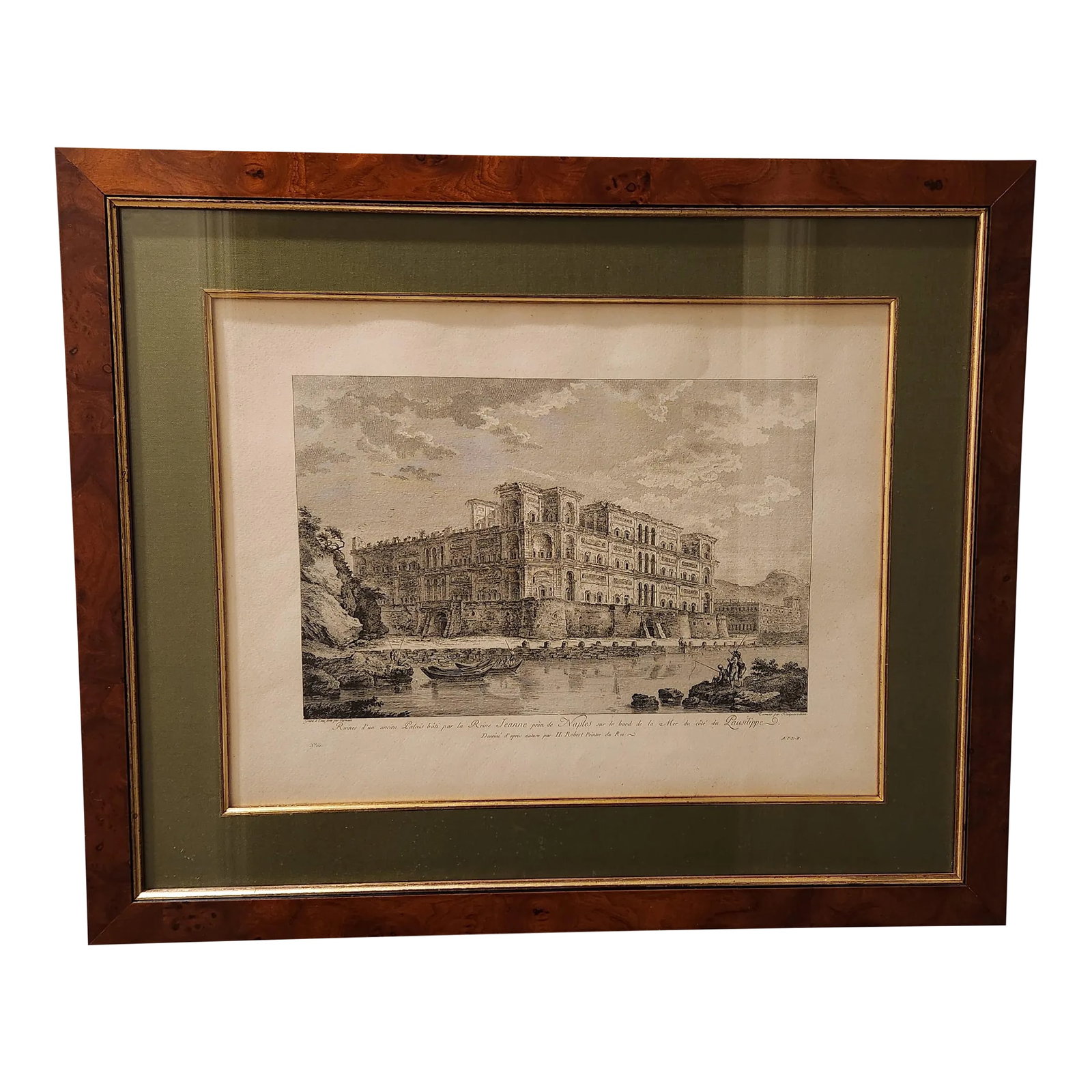 Antique Print of Naples, Italy: Antique print of the Palace on the Bay of Naples, Italy. The palace in the Posillipo area of Naples. Incision of original on handmade paper. Print framed in Naples, Italy in the early 1990s.