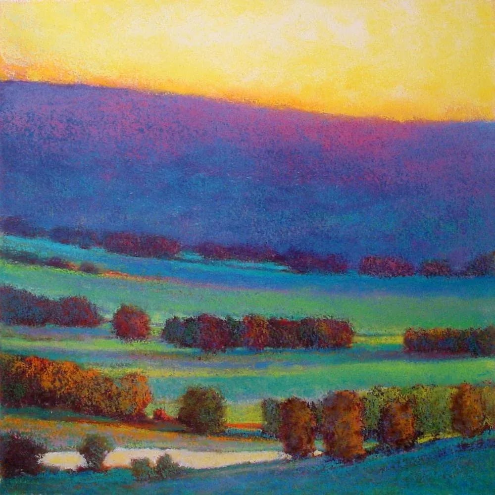 "Sunset With Blue Green" Vintage Landscape Archival Giclee Print by Ken Elliott: Ken Elliot's focus is the landscape and its rich store of ideas and inspiration. He is compelled to work from the trees, skies, lakes, and streams in their endless variations. He doesn't try to