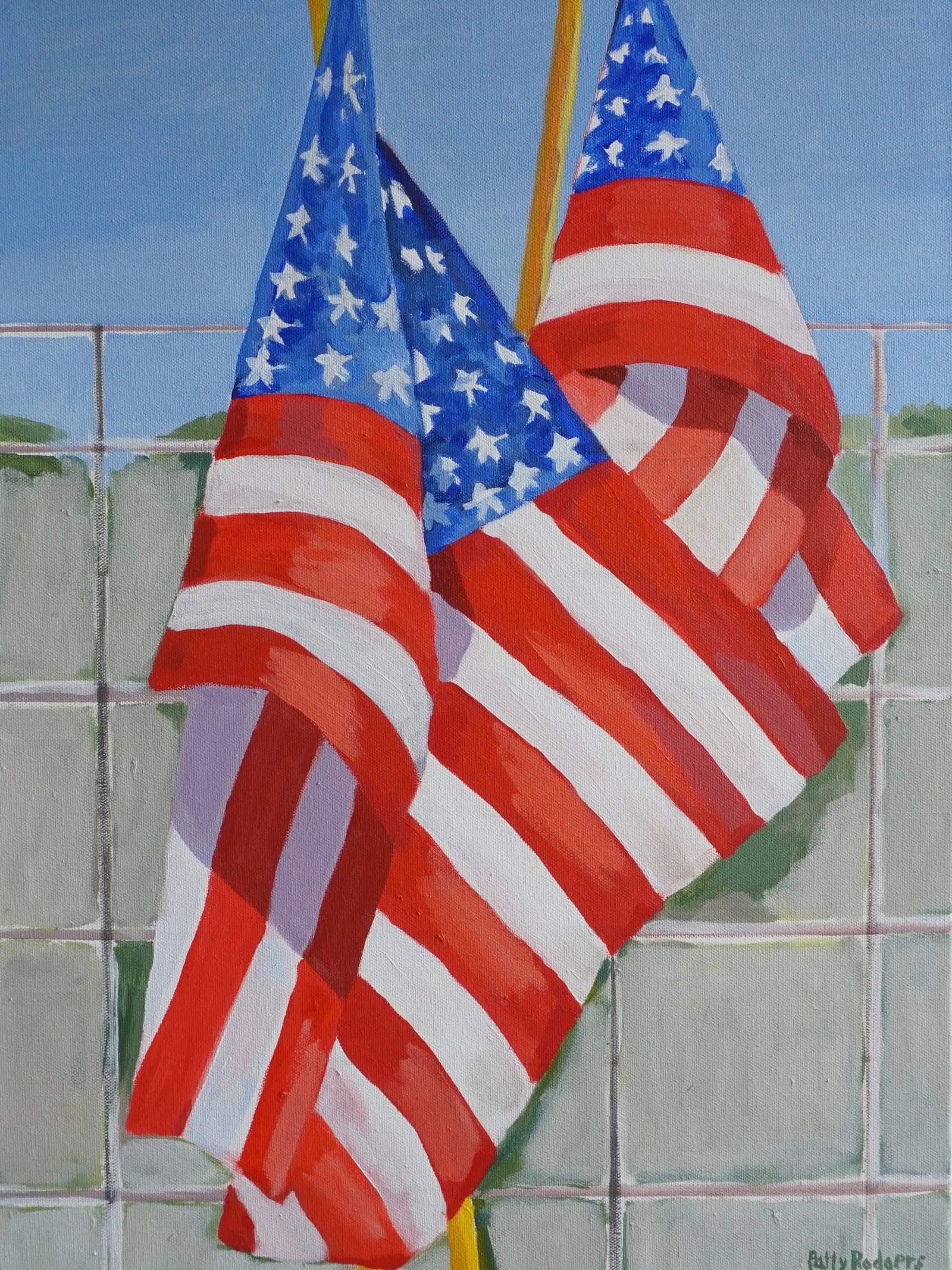 "Flags on a Fence" Original Acrylic Americana Painting by Patty Rodgers: Two flags on a wire fence with sky and trees in the distance, flutter in the wind and sunlight. These flags were on my sister's deck fence two stories up. I love it for the light and shadow on the