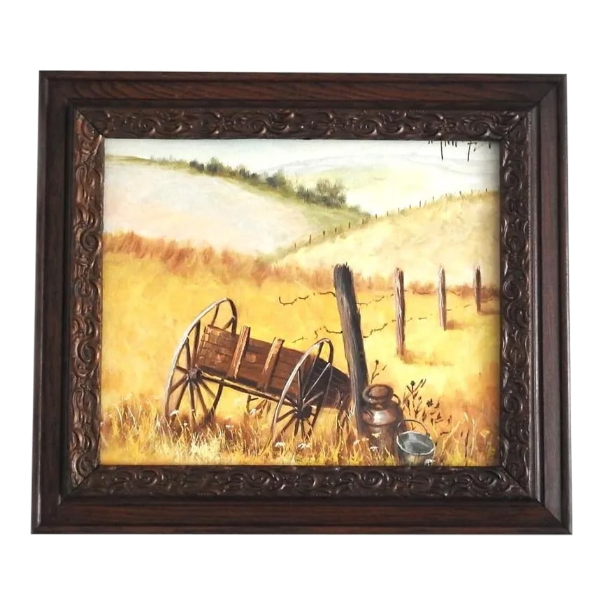 1972 Oil Painting of an Old Rustic Wagon in the Fields in Antique Carved Frame: Vintage signed oil painting on a canvas board depicting a forgotten old rustic wagon in dried grassy fields. It is signed in the upper right corner (illegible). Dated 1972. The canvas board is 20"X24"