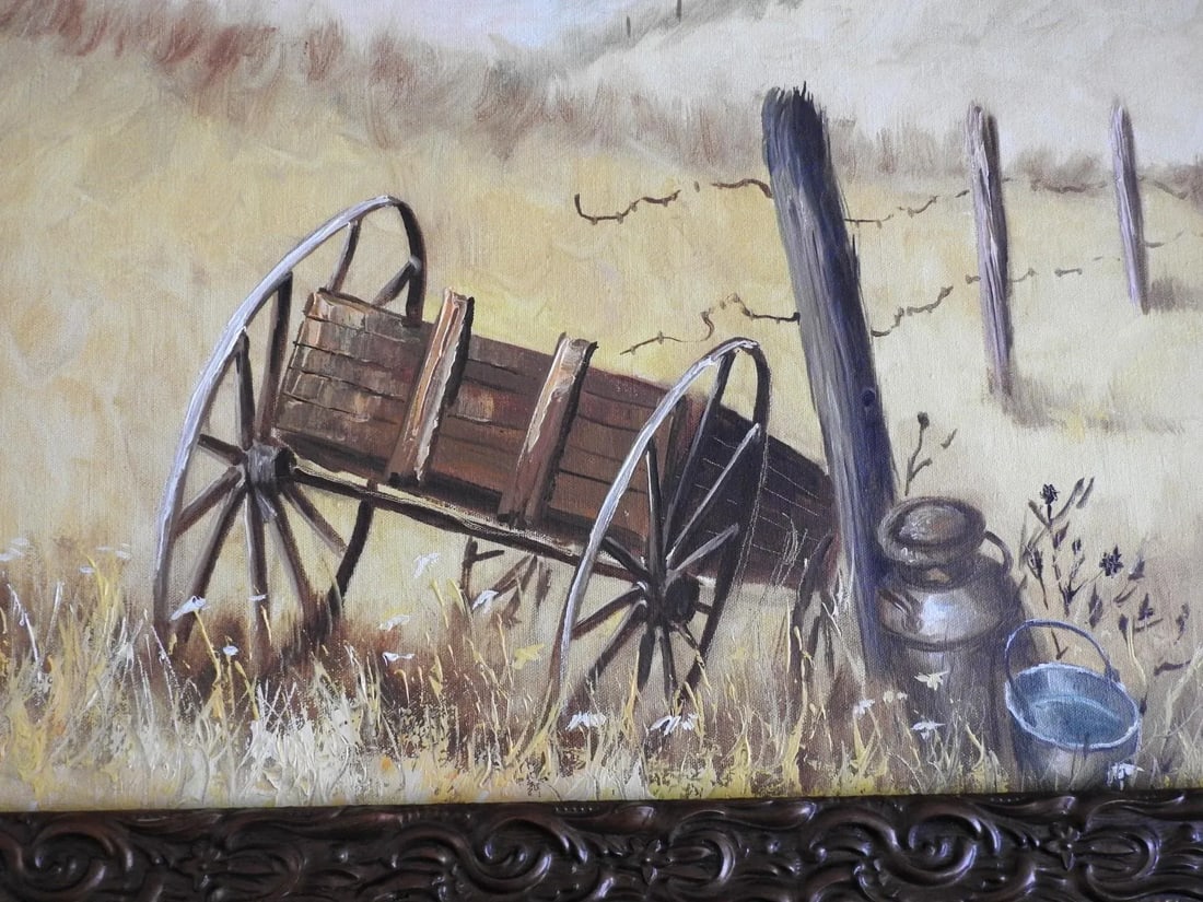 1972 Oil Painting of an Old Rustic Wagon in the Fields in Antique Carved Frame - 2