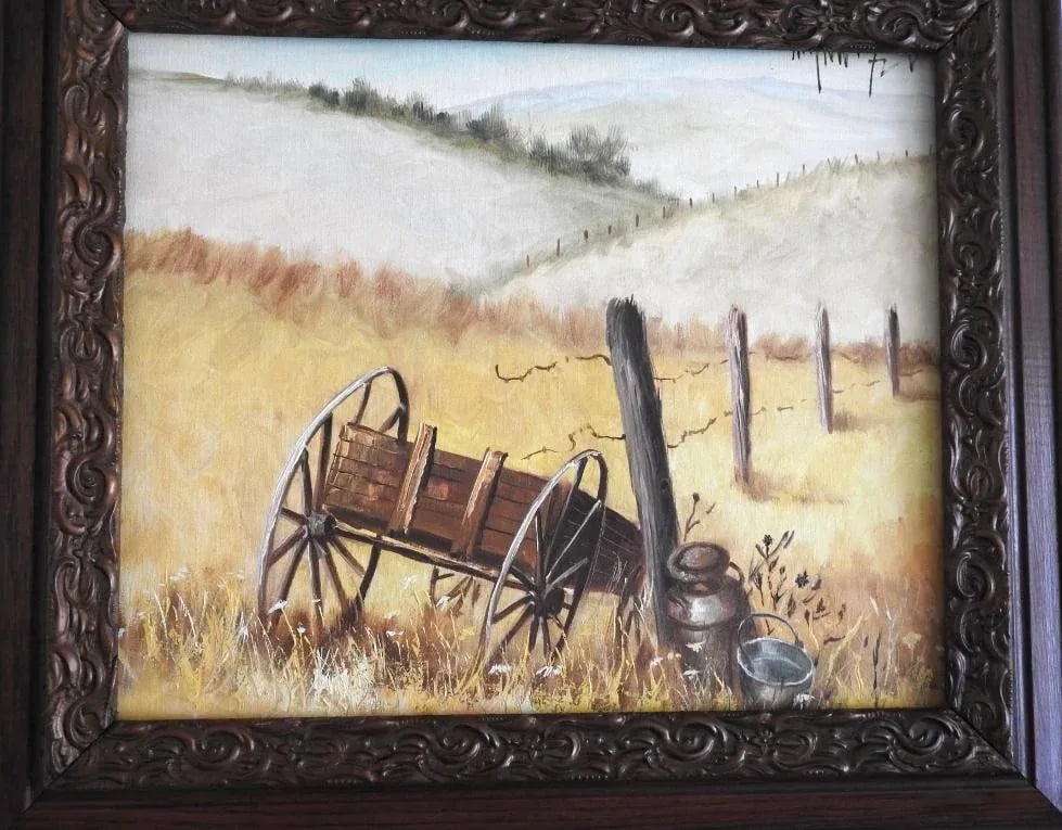 1972 Oil Painting of an Old Rustic Wagon in the Fields in Antique Carved Frame - 3