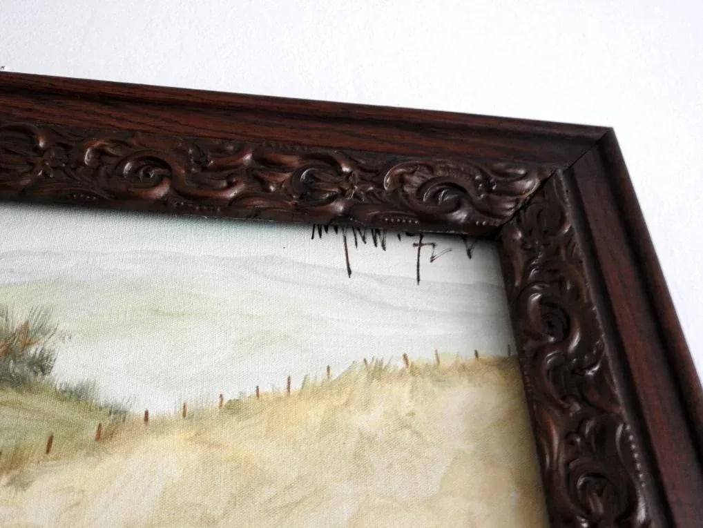 1972 Oil Painting of an Old Rustic Wagon in the Fields in Antique Carved Frame - 4