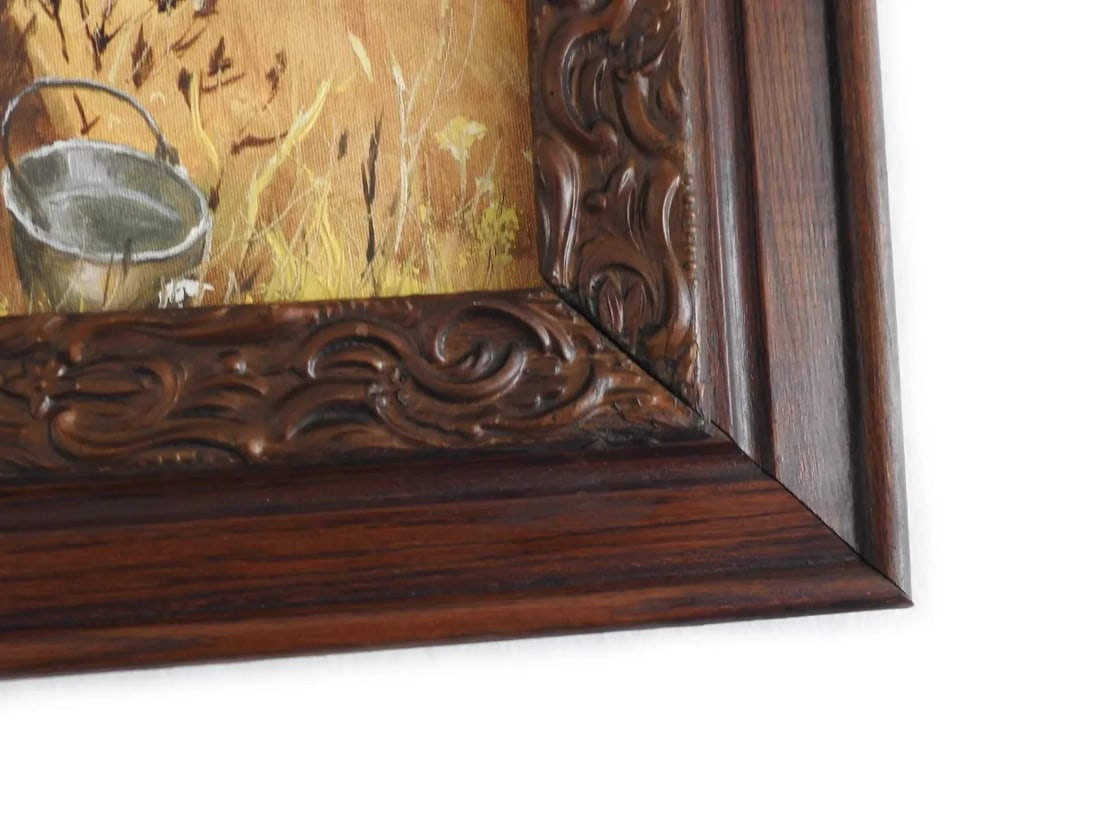 1972 Oil Painting of an Old Rustic Wagon in the Fields in Antique Carved Frame - 5