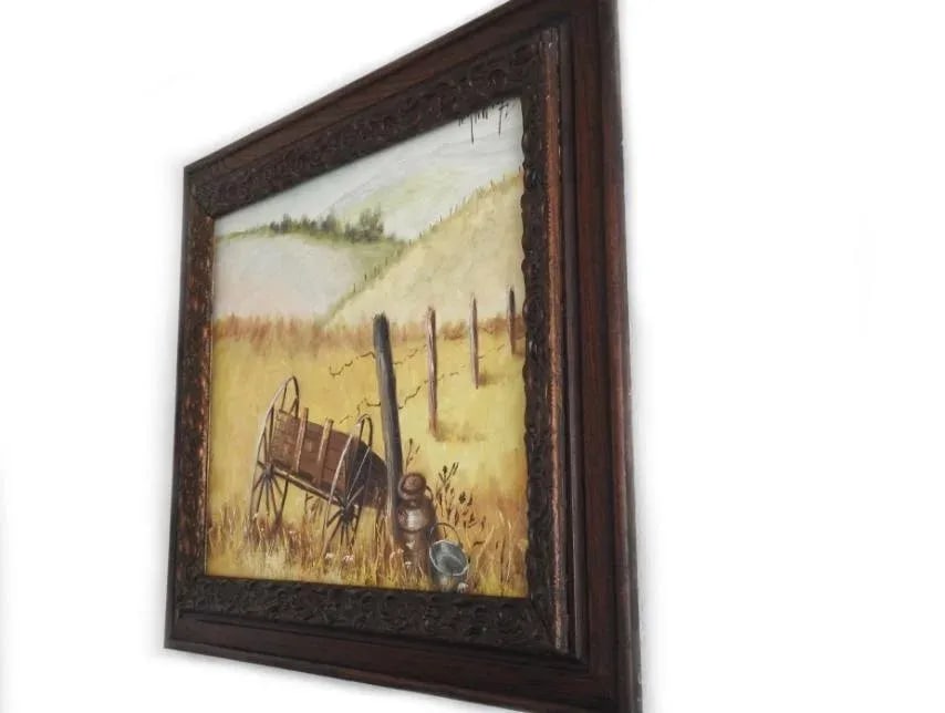 1972 Oil Painting of an Old Rustic Wagon in the Fields in Antique Carved Frame - 7
