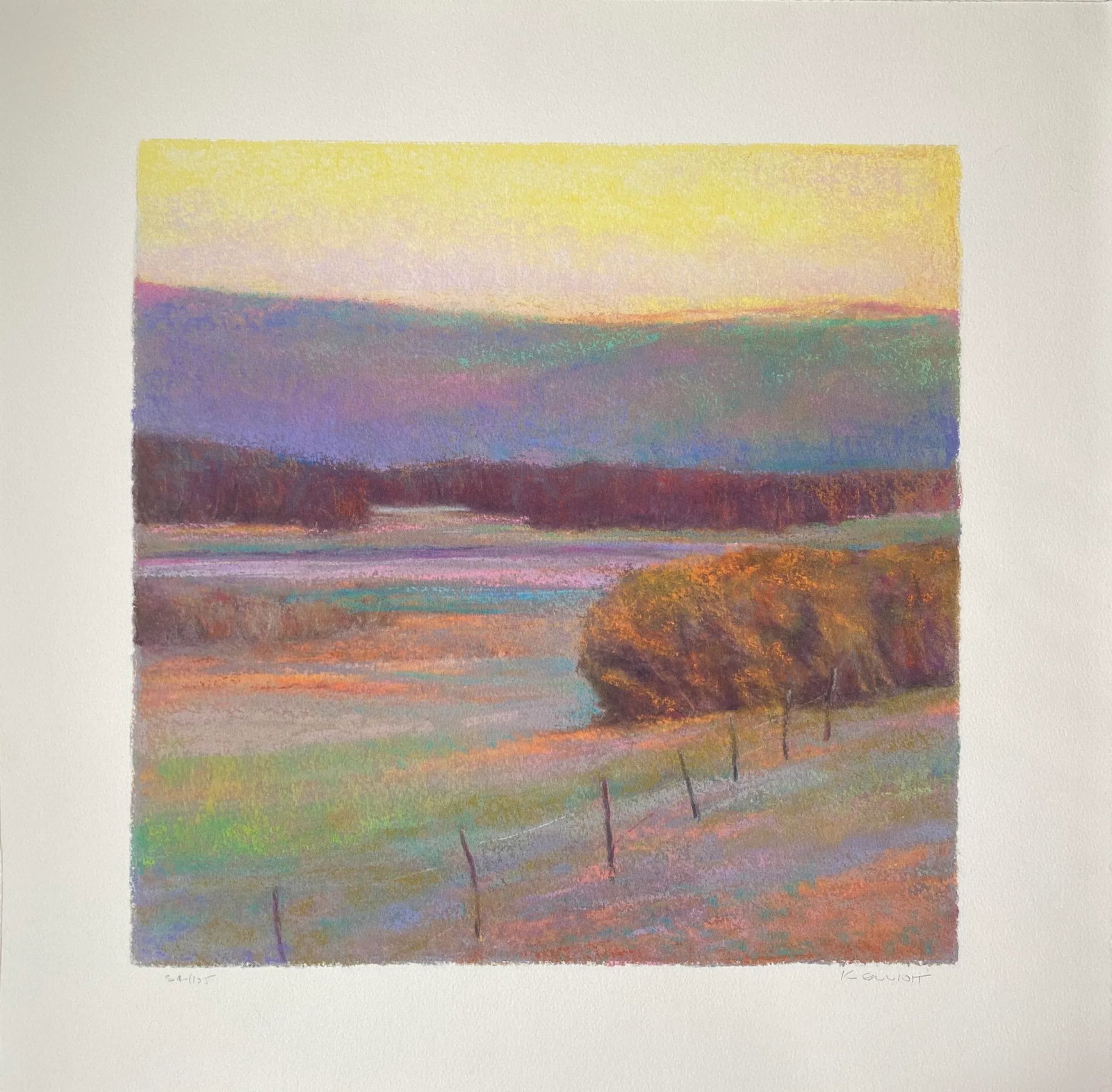 "View to Green Hill" Vintage Landscape Archival Giclee Print by Ken Elliott: Ken Elliot's focus is the landscape and its rich store of ideas and inspiration. He is compelled to work from the trees, skies, lakes, and streams in their endless variations. He doesn't try to recrea